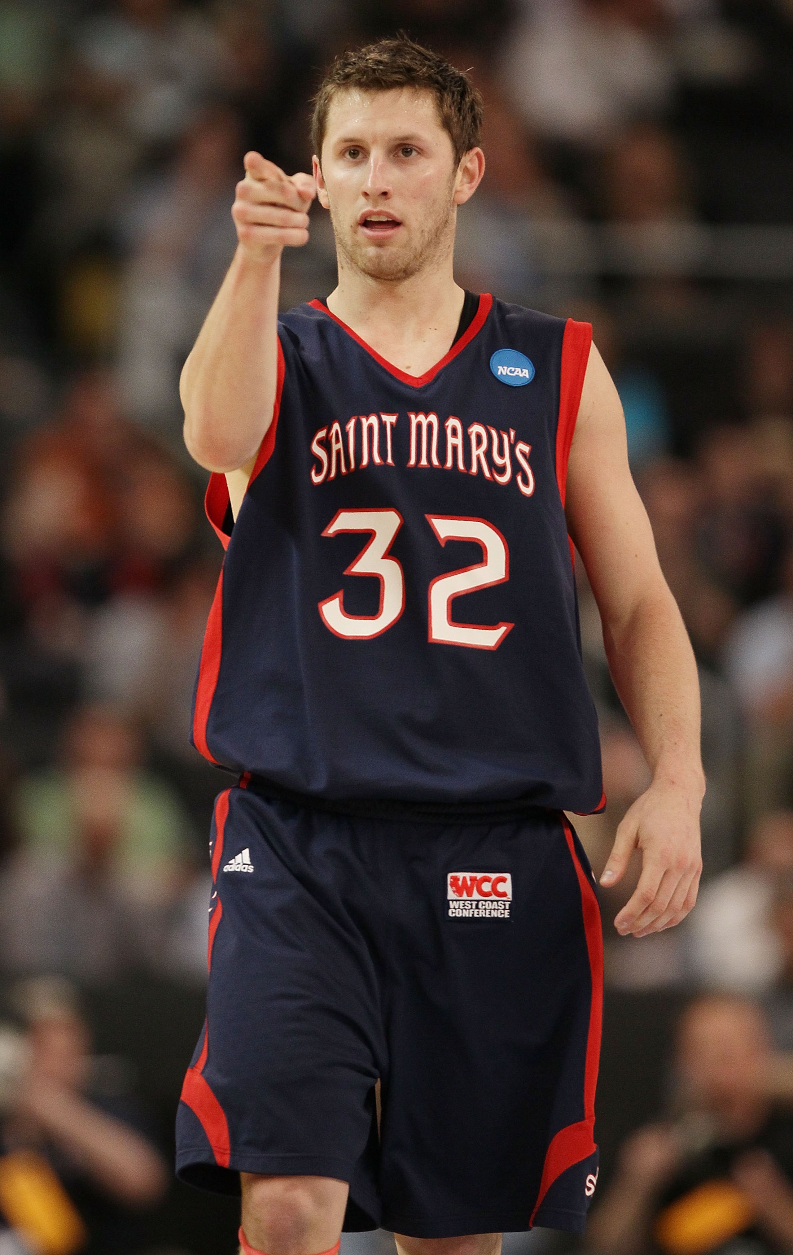 PROVIDENCE, RI - MARCH 20:  Mickey McConnell #32 of the Saint Mary's Gaels points to teammate Ben Allen after he scored in the first half agaisnt the Villanova Wildcats during the second round of the 2010 NCAA men's basketball tournament on March 20, 2010