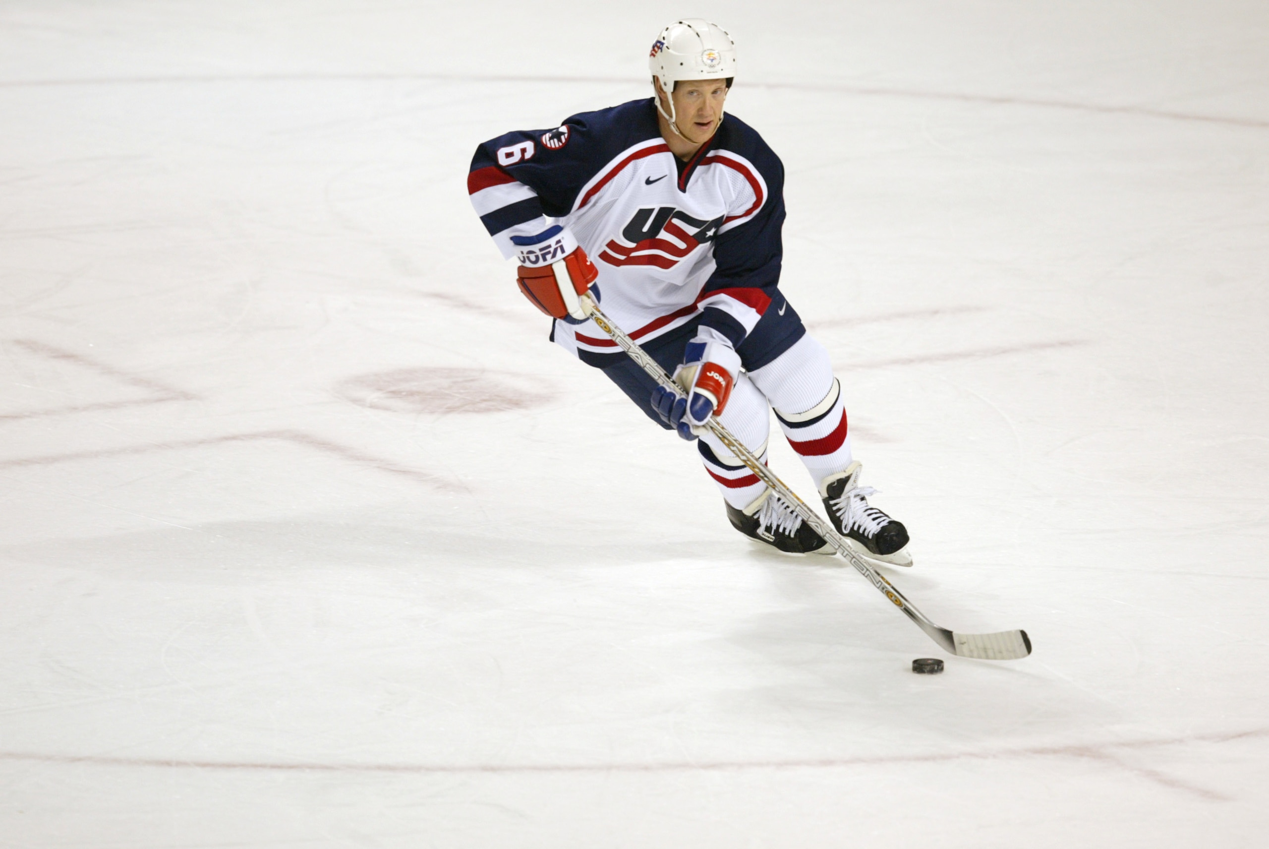 18 Feb 2002:    Phil Housley #6 of the USA in action during the Salt Lake City Winter Olympic Games at the E Center in Salt Lake City, Utah. DIGITAL IMAGE. Mandatory Credit:   Elsa Hasch/Getty Images