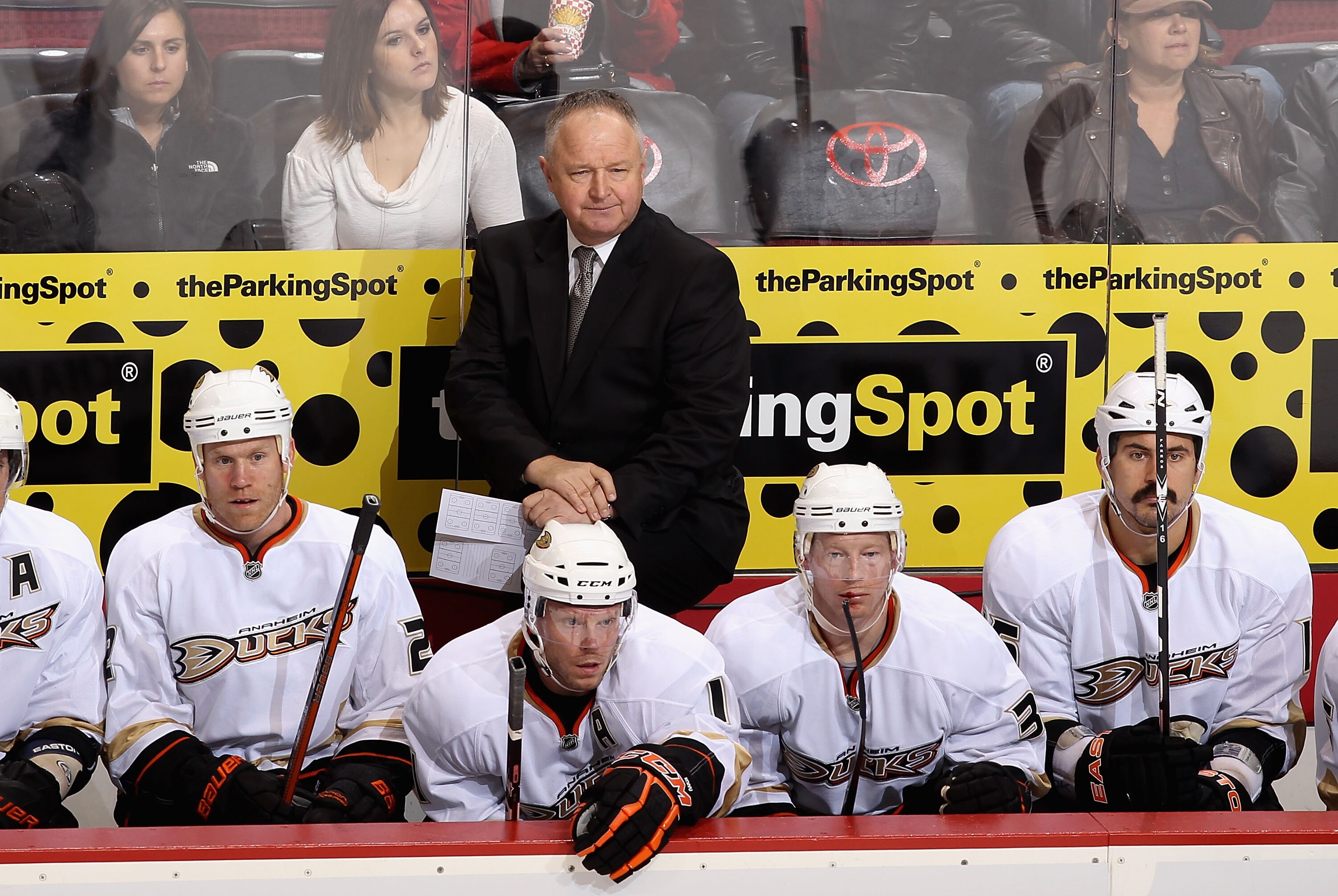 GLENDALE, AZ - JANUARY 15:  Head coach Randy Carlyle of the Anaheim Ducks watches from the bench during a time out from the NHL game against the Phoenix Coyotes at Jobing.com Arena on January 15, 2011 in Glendale, Arizona. The Coyotes defeated the Ducks 6