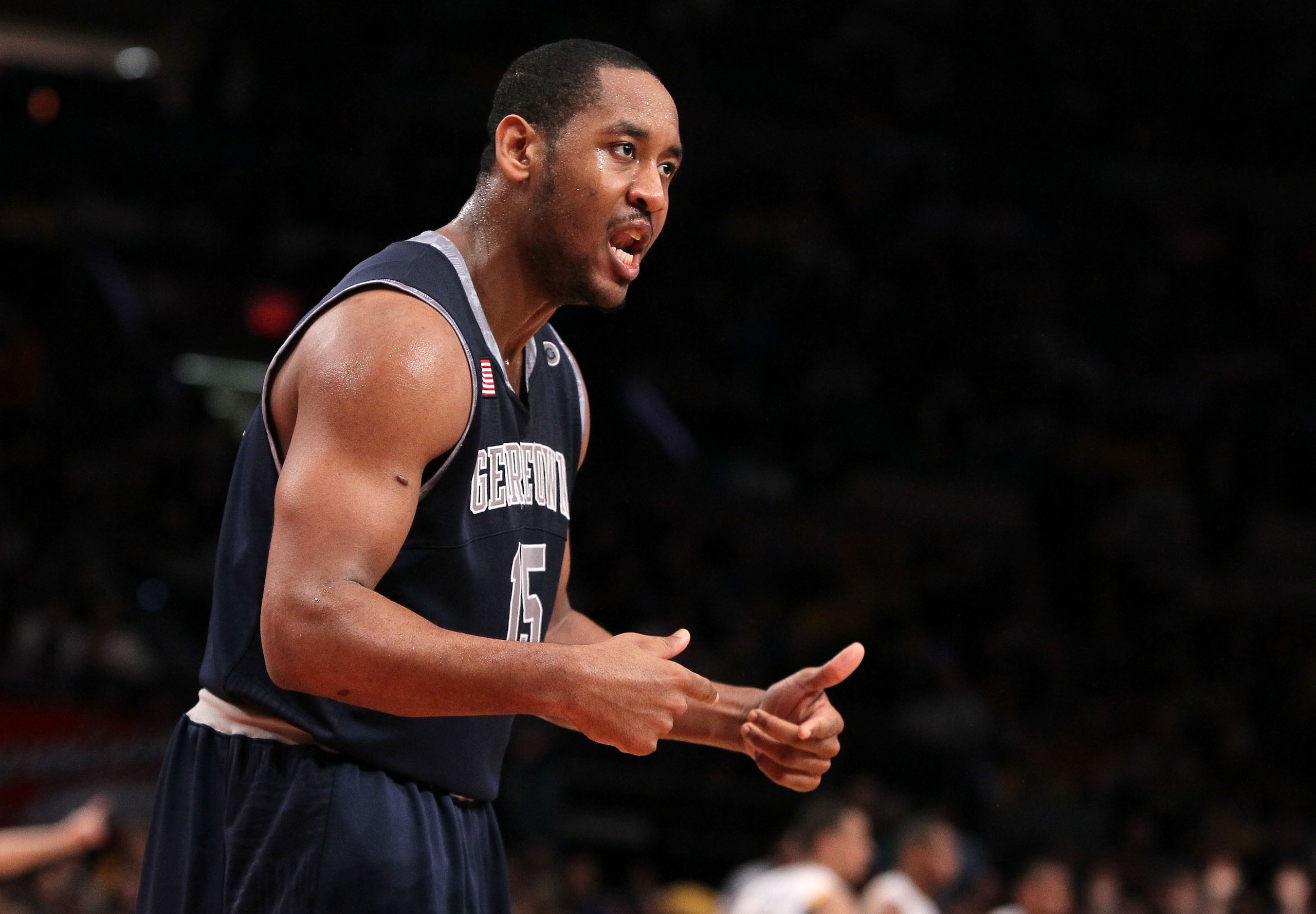 NEW YORK - MARCH 13: Austin Freeman #15 of the Georgetown Hoyas reacts after a play against the West Virginia Mountaineers during the championship of the 2010 NCAA Big East Tournament at Madison Square Garden on March 13, 2010 in New York City.  (Photo by