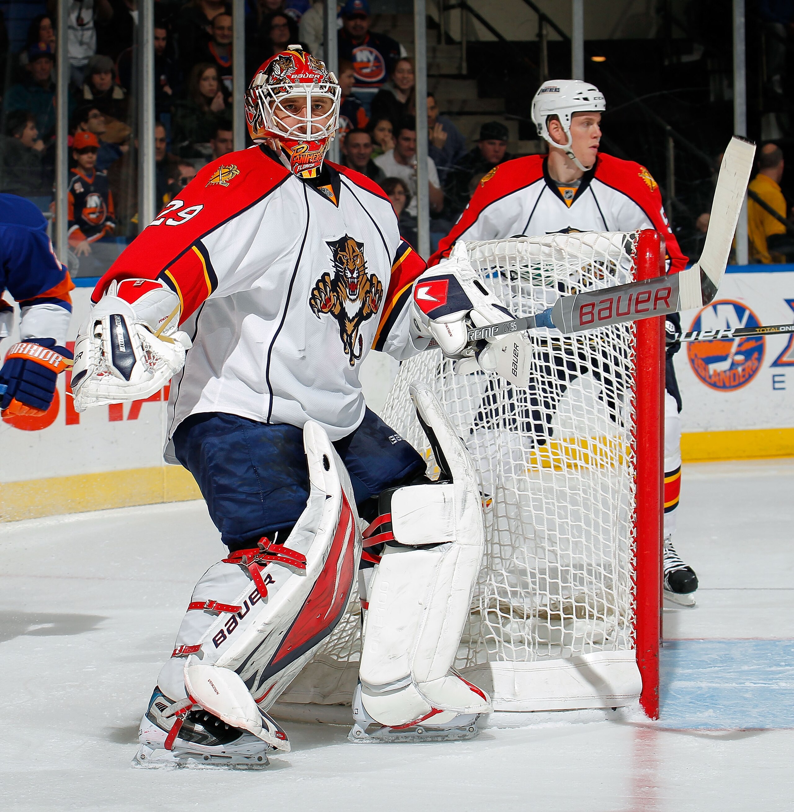 UNIONDALE, NY - FEBRUARY 21:  Goalie Tomas Vokoun #29 of the Florida Panthers comes out of the net during an NHL hockey game against the New York Islanders at the Nassau Coliseum on February 21, 2011 in Uniondale, New York.  (Photo by Paul Bereswill/Getty