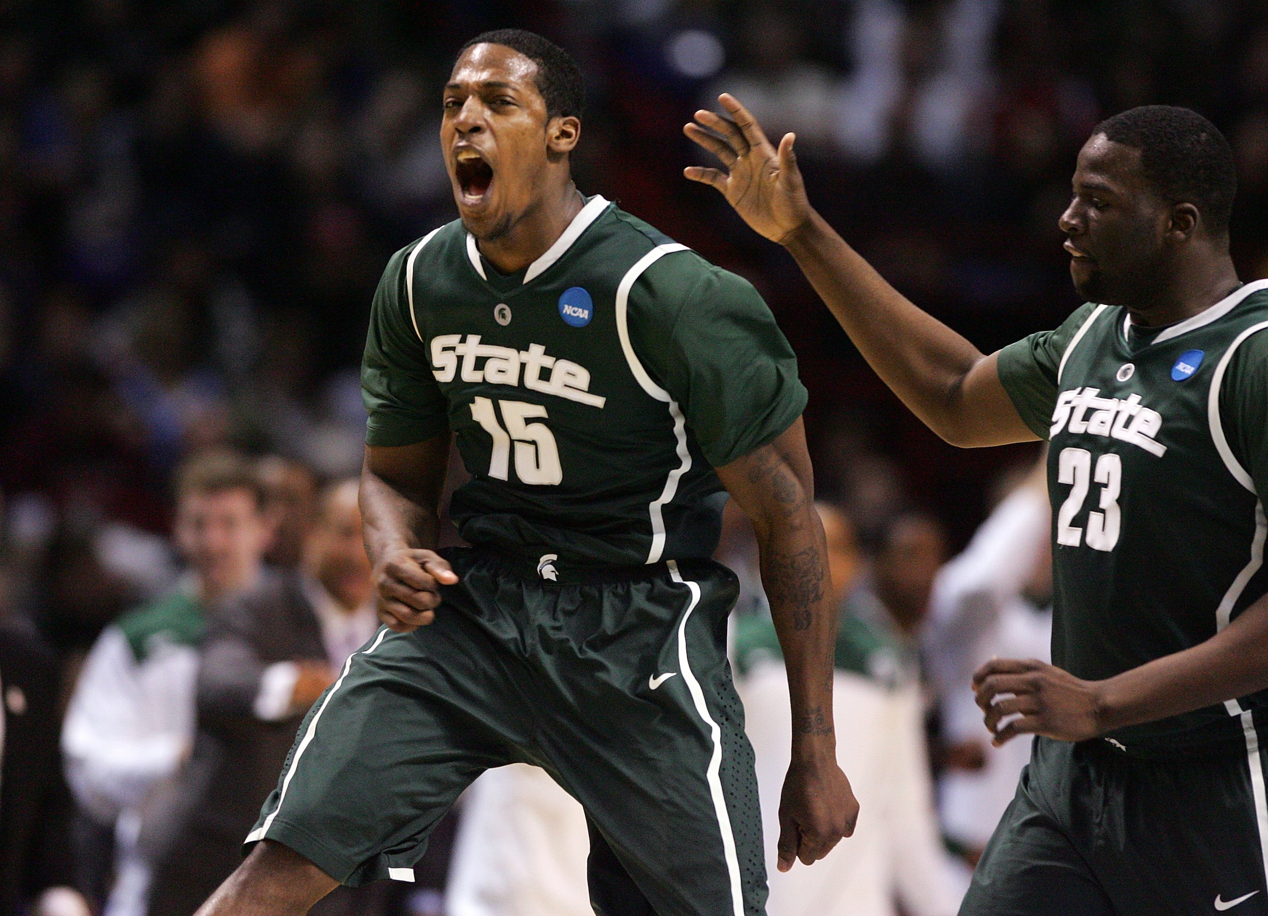 SPOKANE, WA - MARCH 21: Durrell Summers #15 of the Michigan State Spartans celebrates making a three point shot with teammate Draymond Green #23 against the Maryland Terrapins during the second round of the 2010 NCAA men's basketball tournament at Spoka SPOKANE, WA - MARCH 21: Durrell Summers #15 of the Michigan State Spartans celebrates making a three point shot with teammate Draymond Green #23 against the Maryland Terrapins during the second round of the 2010 NCAA men's basketball tournament at Spoka