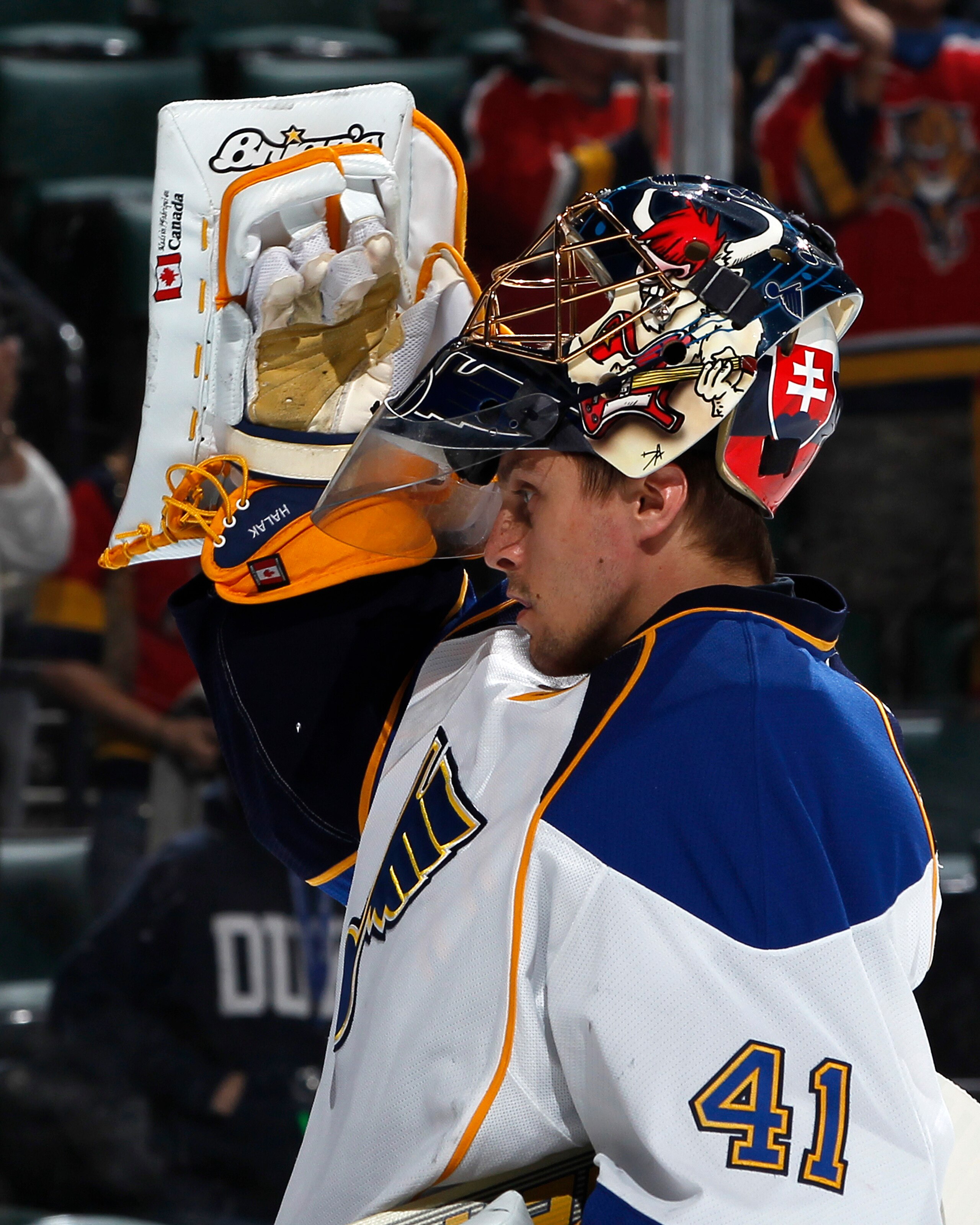 SUNRISE, FL - FEBRUARY 8: Goaltender Jaroslav Halak #41 of the St. Louis Blues prepares for the opening face off against the Florida Panthers on February 8, 2011 at the BankAtlantic Center in Sunrise, Florida. The Blues defeated the Panthers 2-1. (Photo b