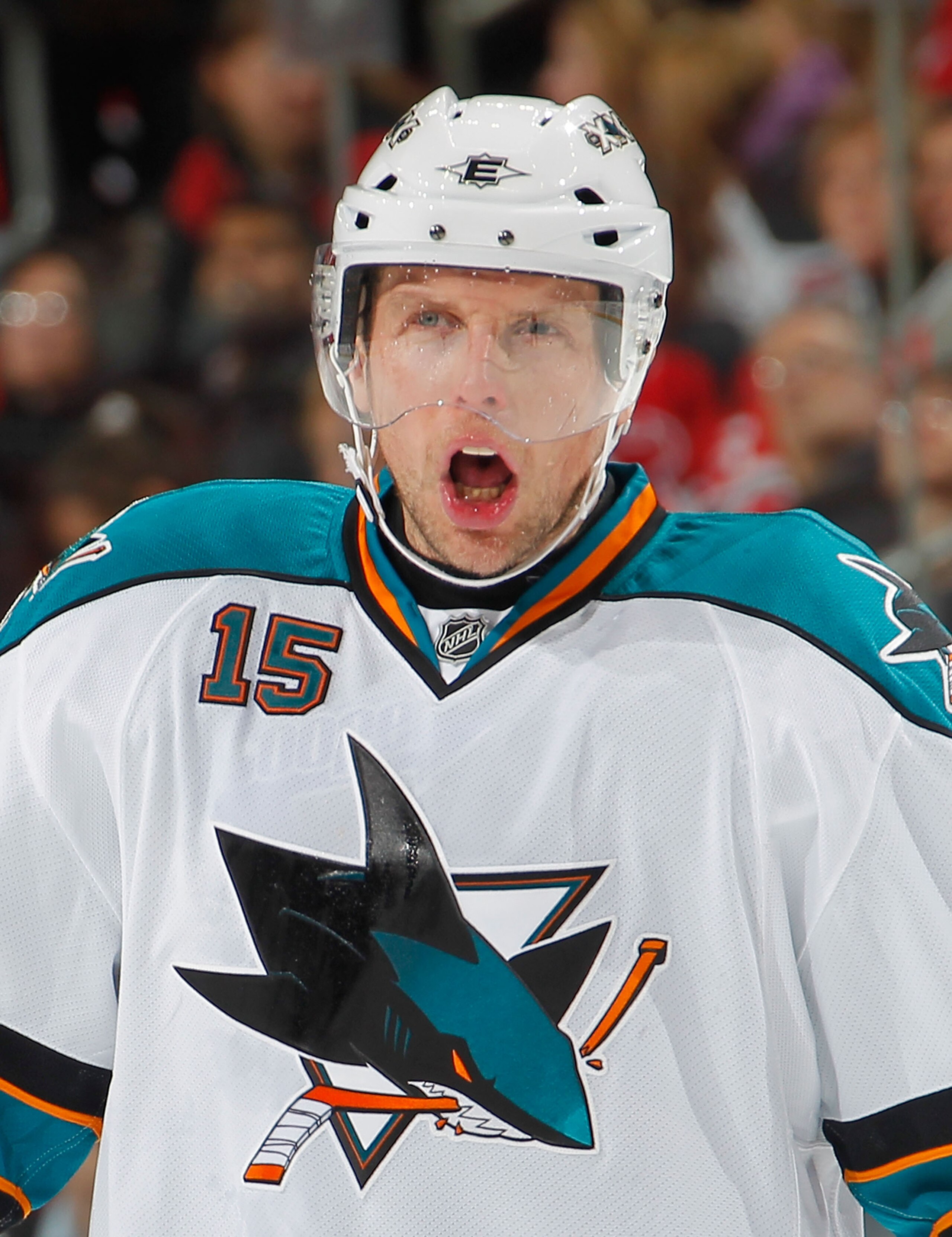 NEWARK, NJ - FEBRUARY 11: Dany Heatley #15 of the San Jose Sharks waits for a faceoff during an NHL hockey game against the New Jersey Devils on February 11, 2011 at the Prudential Center in Newark, New Jersey. (Photo by Paul Bereswill/Getty Images)