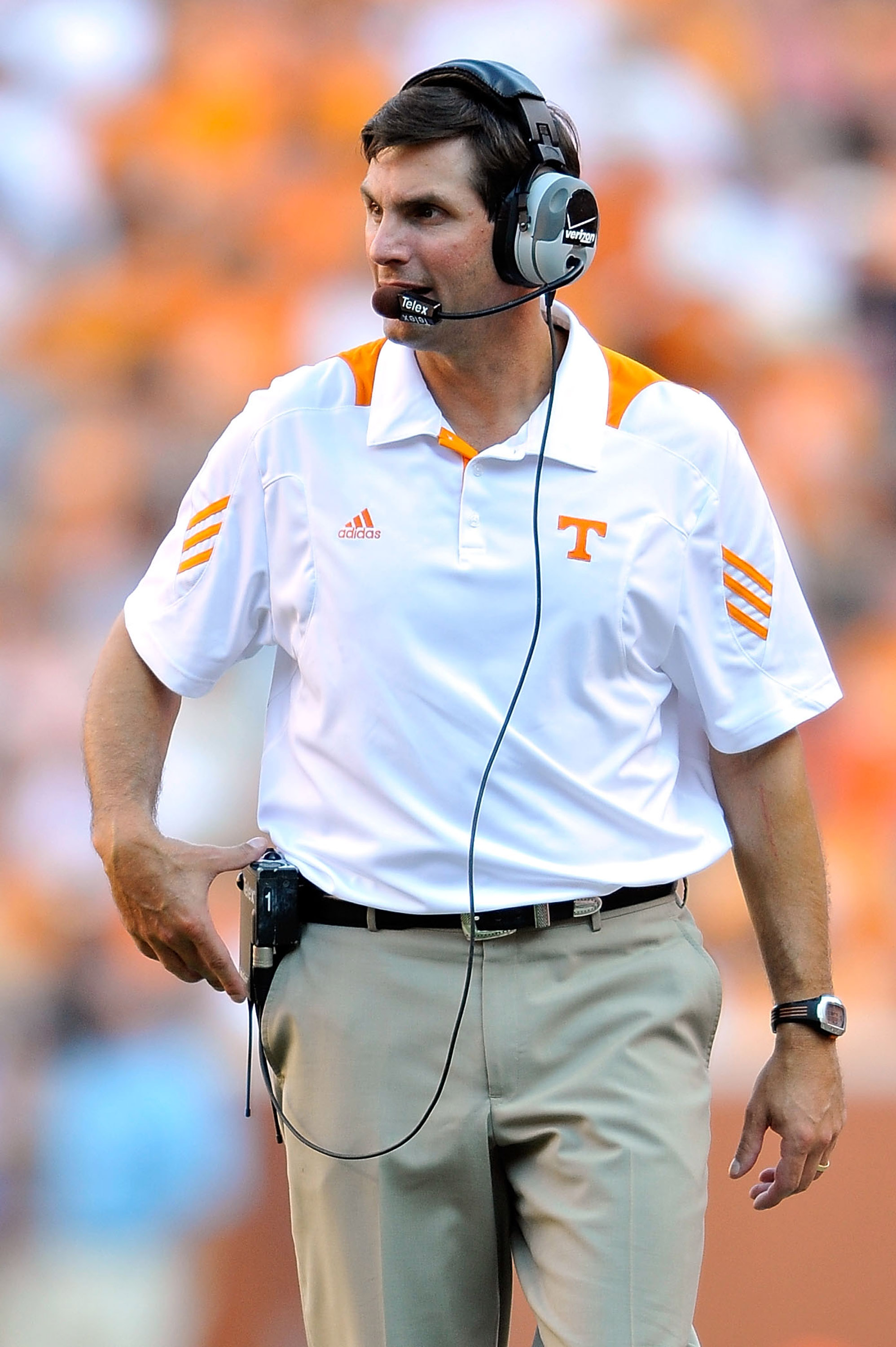 KNOXVILLE, TN - SEPTEMBER 18: Coach Derek Dooley of the Tennessee Volunteers watches his team in action against the Florida Gators at Neyland Stadium on September 18, 2010 in Knoxville, Tennessee. Florida won 31-17. (Photo by Grant Halverson/Getty Imag