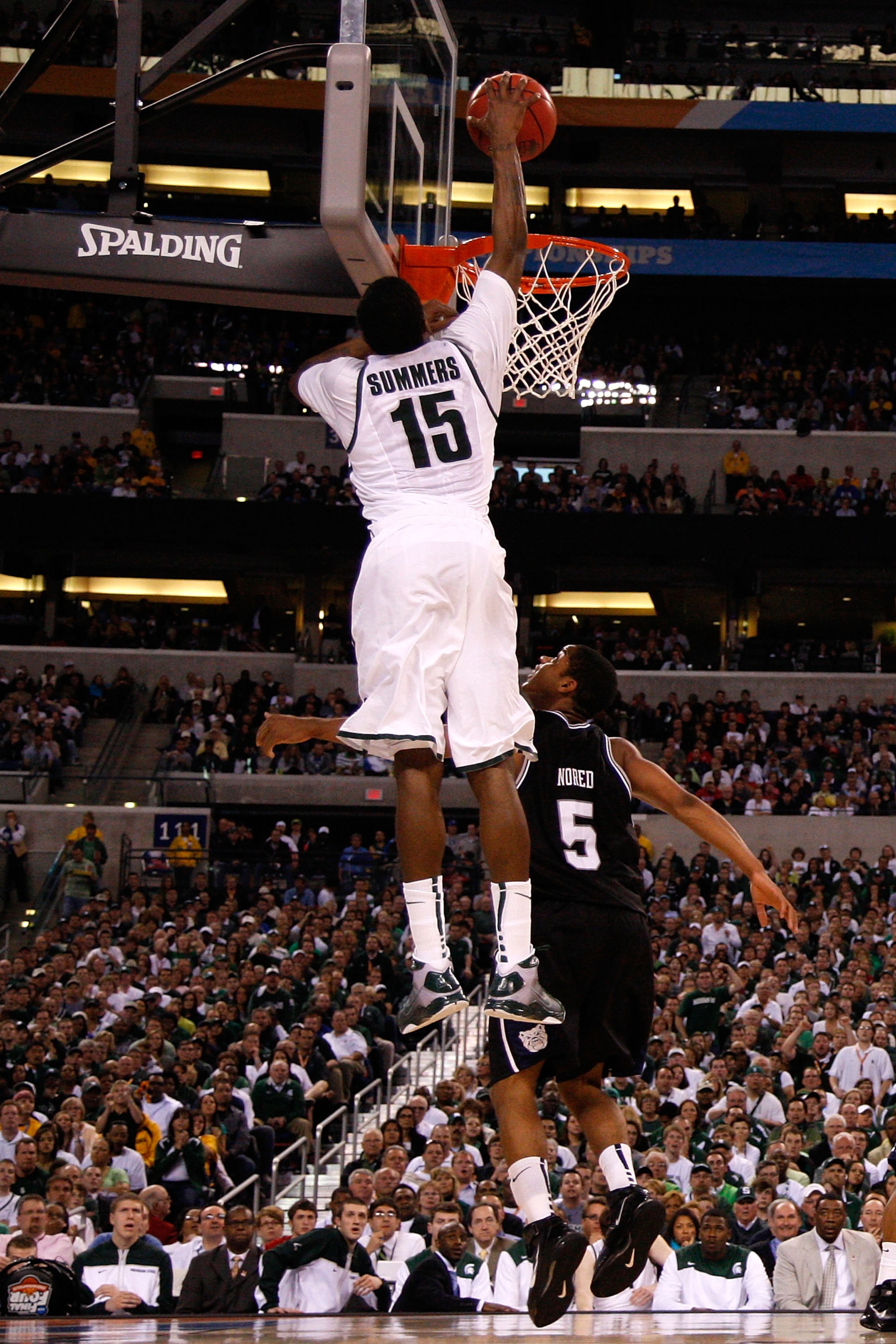INDIANAPOLIS - APRIL 03: Durrell Summers #15 of the Michigan State Spartans dunks against Ronald Nored #5 of the Butler Bulldogs during the National Semifinal game of the 2010 NCAA Division I Men's Basketball Championship on April 3, 2010 in Indianapolis INDIANAPOLIS - APRIL 03: Durrell Summers #15 of the Michigan State Spartans dunks against Ronald Nored #5 of the Butler Bulldogs during the National Semifinal game of the 2010 NCAA Division I Men's Basketball Championship on April 3, 2010 in Indianapolis