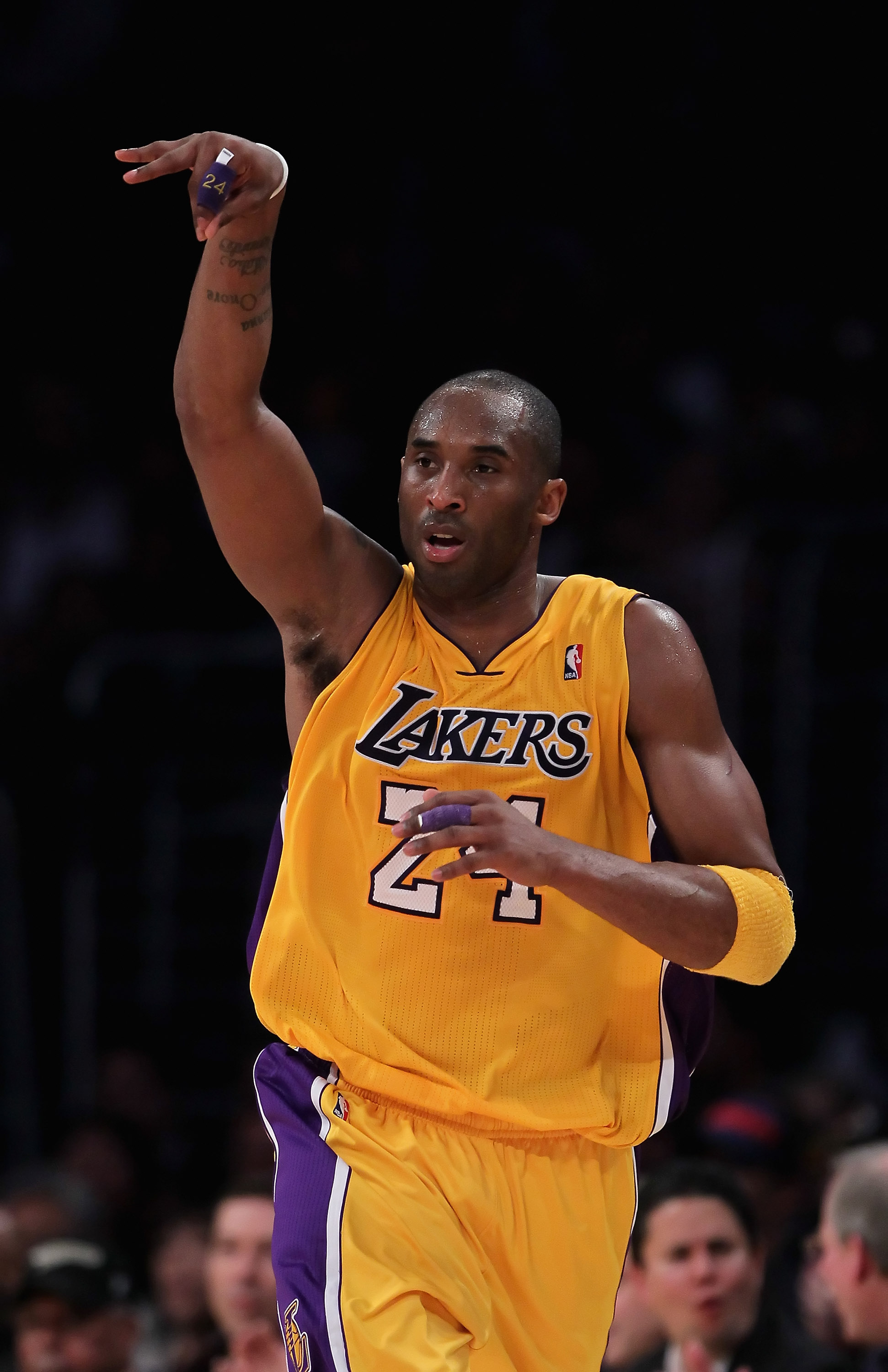 LOS ANGELES, CA - FEBRUARY 22:  Kobe Bryant #24 of the Los Angeles Lakers celebrates after making a three-point basket in the second half against the Atlanta Hawks at Staples Center on February 22, 2011 in Los Angeles, California. The Lakers defeated the