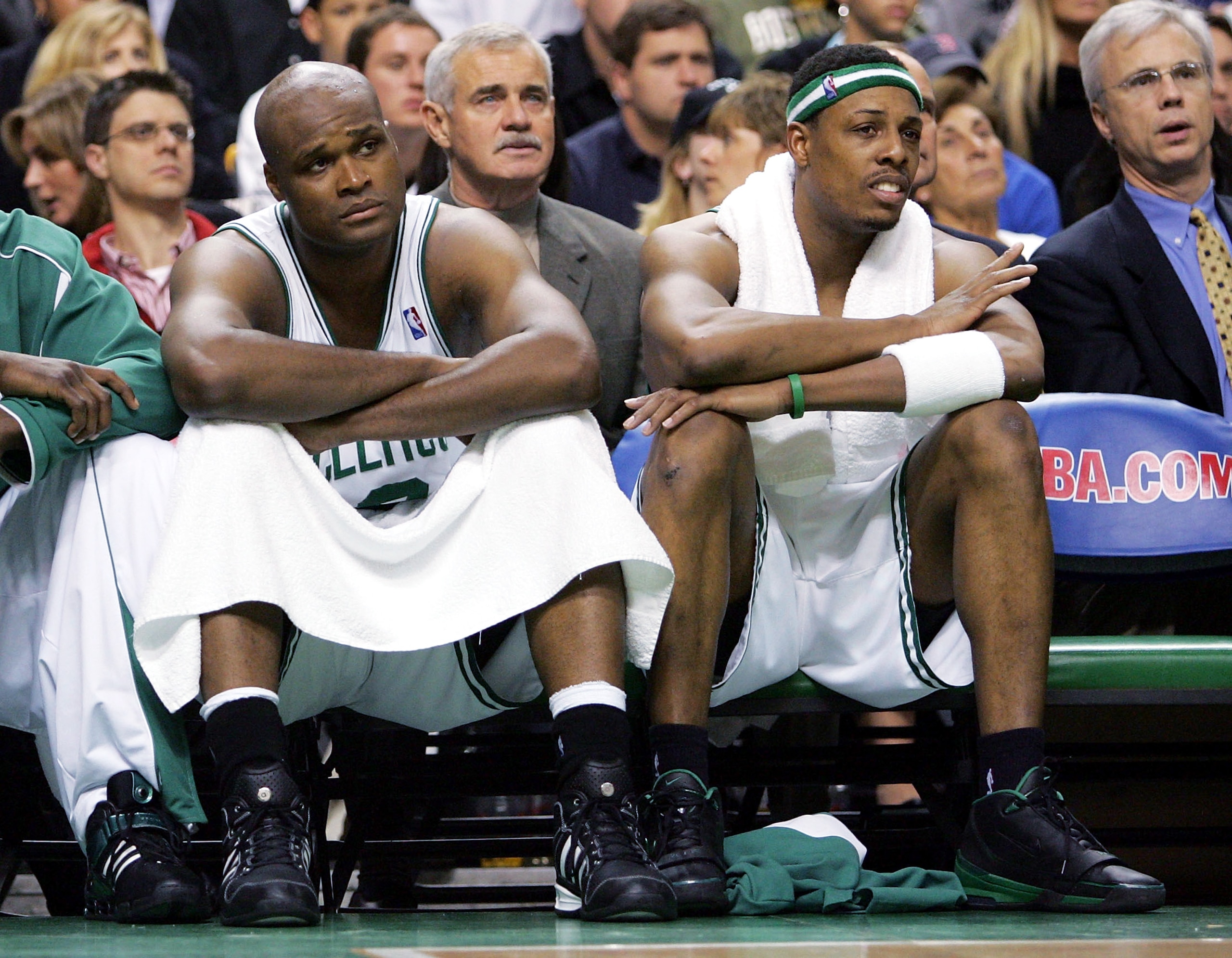 BOSTON - MAY 7: Antoine Walker #8 (L) and Paul Pierce #34 of the Boston Celtics sit on the bench during the game against the Indiana Pacers in Game seven of the Eastern Conference Quarterfinals during the 2005 NBA Playoffs at Fleet Center on May 7, 2005 i