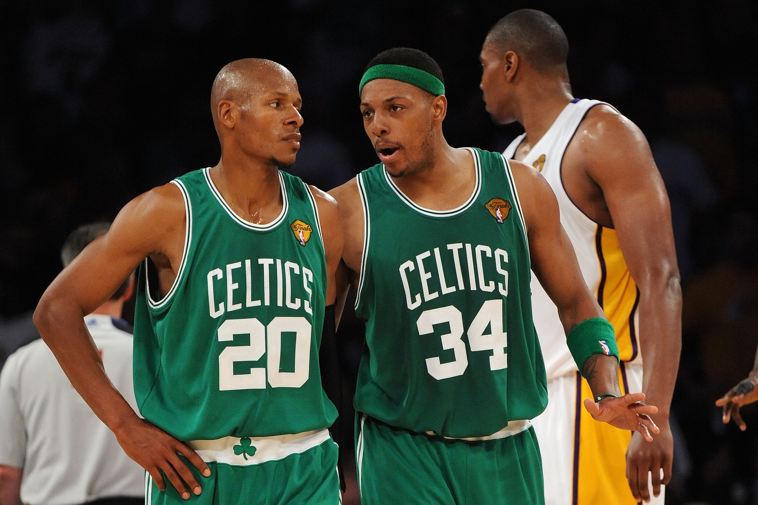 LOS ANGELES, CA - JUNE 06:  (L-R) Ray Allen #20 and Paul Pierce #34 of the Boston Celtics talk during a stop in play against the Los Angeles Lakers in Game Two of the 2010 NBA Finals at Staples Center on June 6, 2010 in Los Angeles, California. NOTE TO US