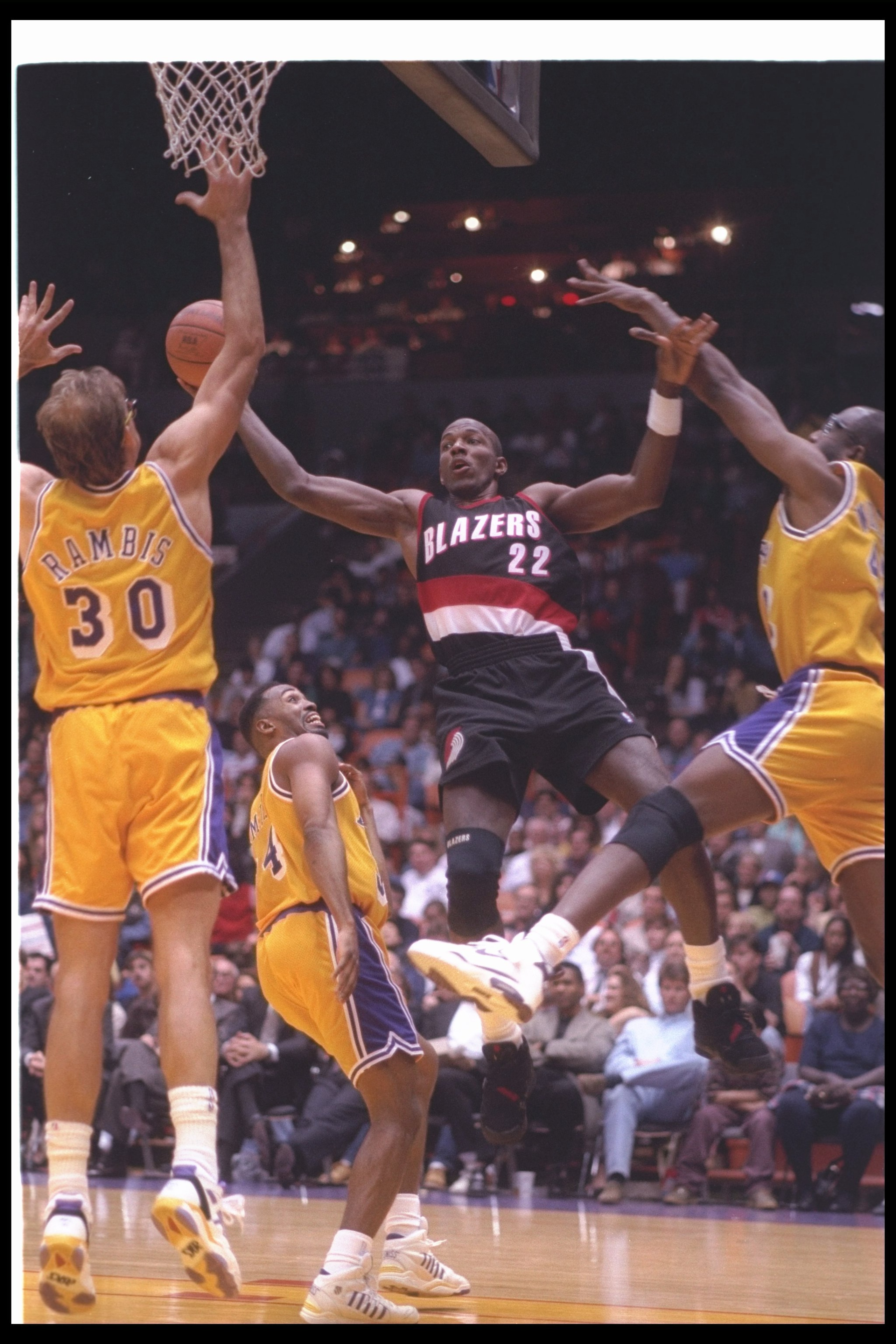 15 Apr 1994:  Guard Clyde Drexler of the Portland Trail Blazers moves the ball during a game against the Los Angeles Lakers at the Great Western Forum in Inglewood, California. Mandatory Credit: Stephen Dunn  /Allsport Mandatory Credit: Stephen Dunn  /All