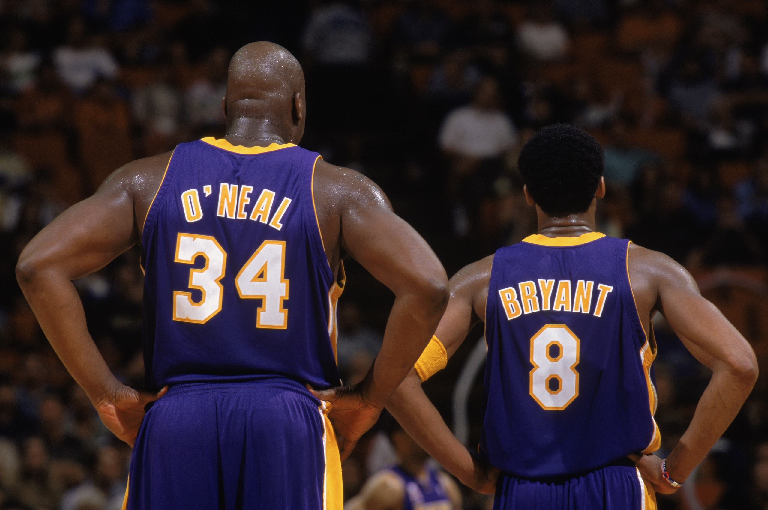 30 Jan 2002:  This is a close up of center Shaquille O''Neal (L) #34 of the Los Angeles Lakers and his teammate, guard Kobe Bryant (R). The picture was taken during the NBA game against the Orlando Magic at the TD Waterhouse in Orlando, Florida.  The Lake