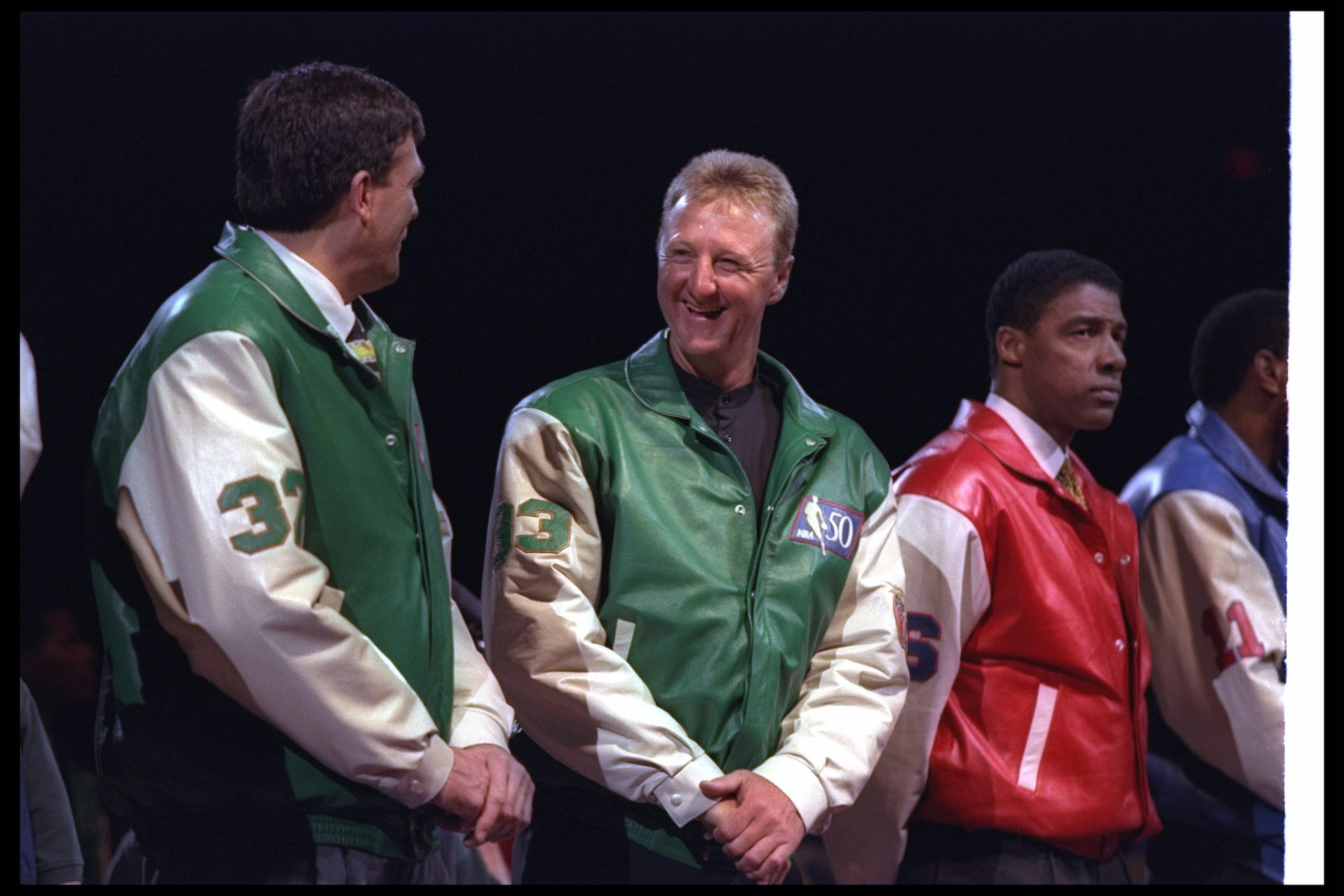 8 Feb 1997:  Kevin McHale (left) and Larry Bird celebrate with the other Greatest Players in NBA History before the All-Star game. Mandatory Credit: Brian Bahr  /Allsport