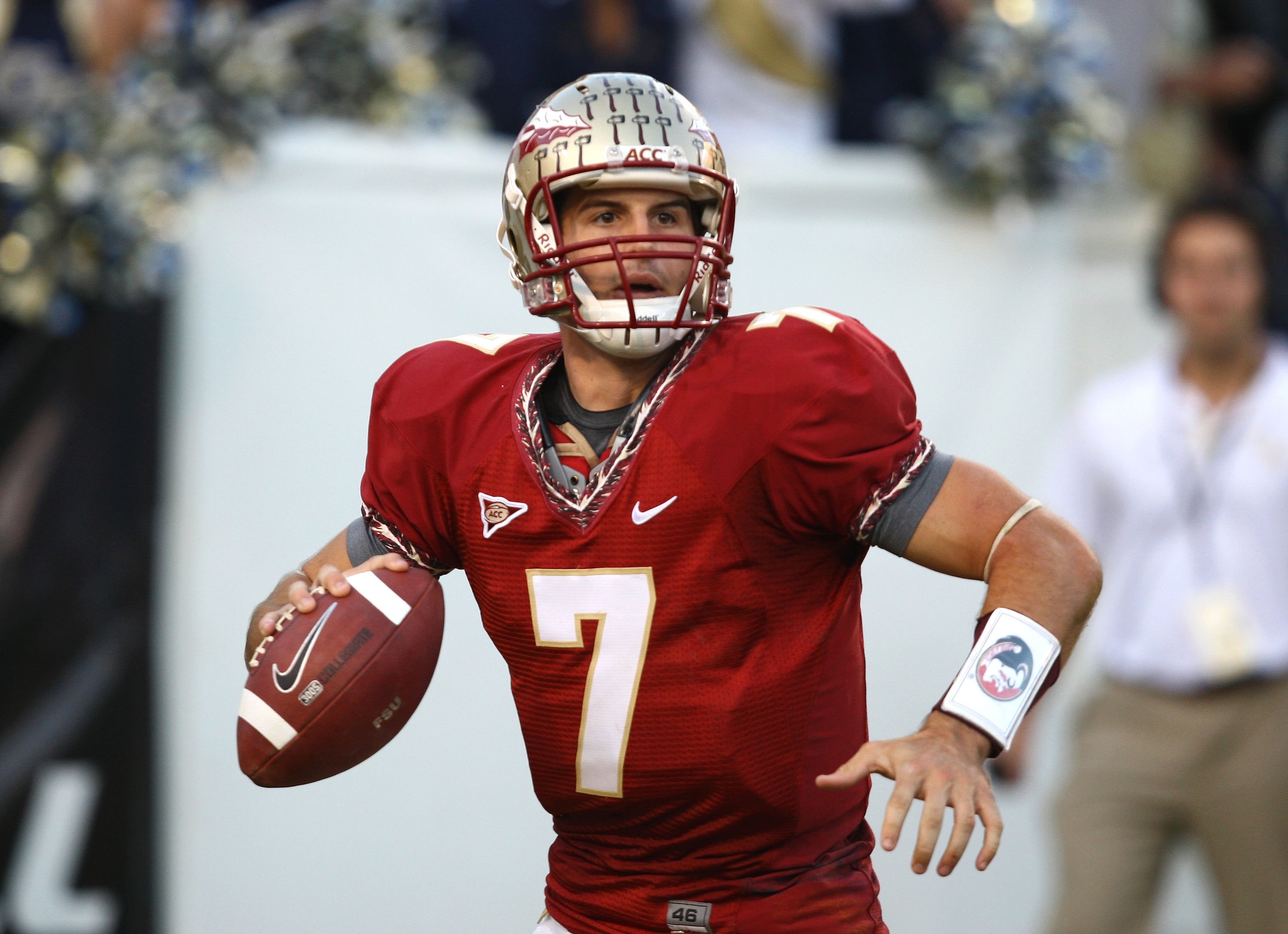 ATLANTA - NOVEMBER 1:  Quarterback Christian Ponder #7 of the Florida State Seminoles rolls out and looks to pass during the game against the Georgia Tech Yellow Jackets at Bobby Dodd Stadium at Historic Grant Field on November 1, 2008 in Atlanta, Georgia