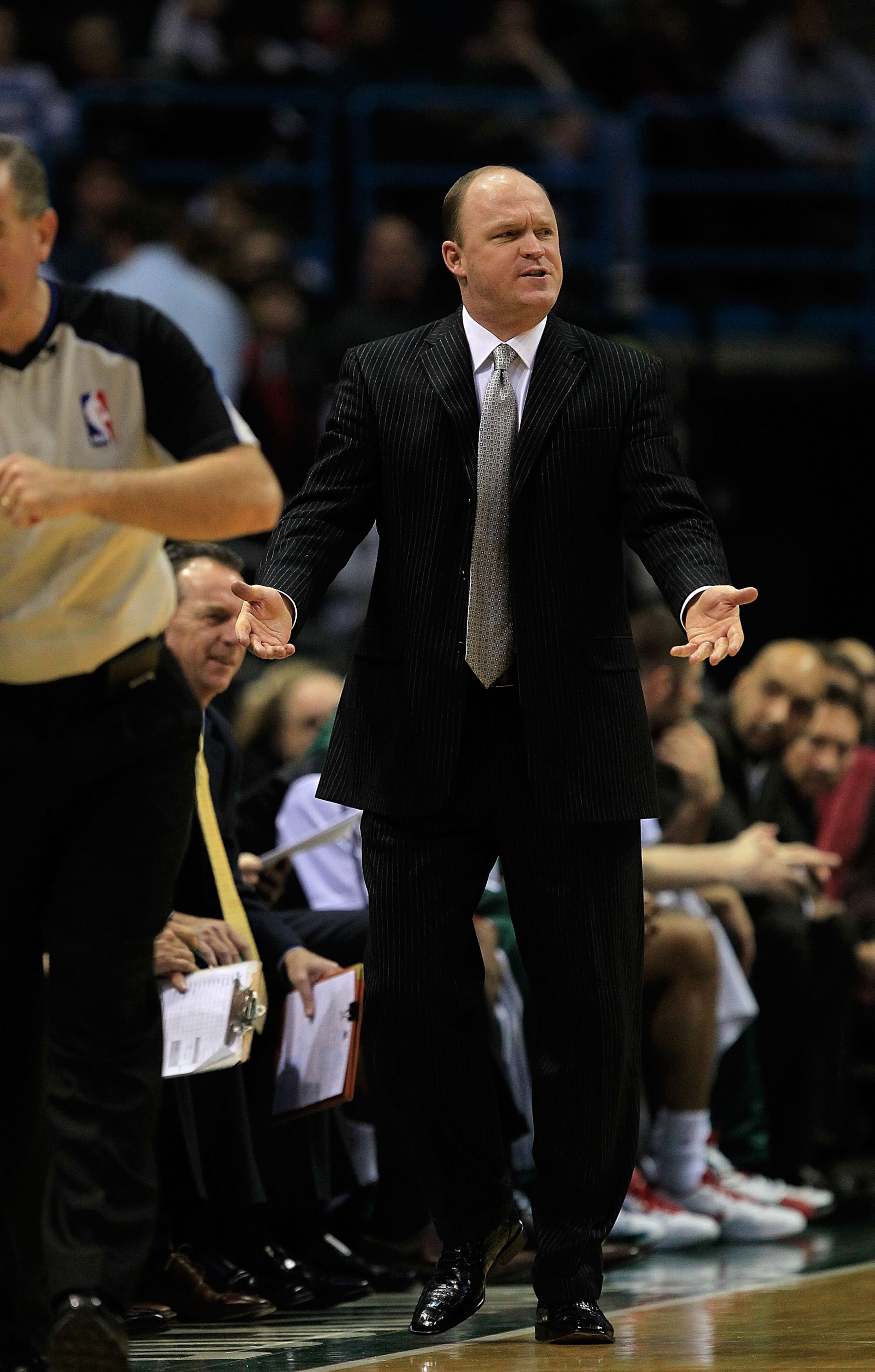 MILWAUKEE, WI - DECEMBER 06: Head coach Scott Skiles of the Milwaukee Bucks complains to a referee during a game against the Miami Heat at the Bradley Center on December 6, 2010 in Milwaukee, Wisconsin. The Heat defeated the Bucks 88-78. NOTE TO USER: Use