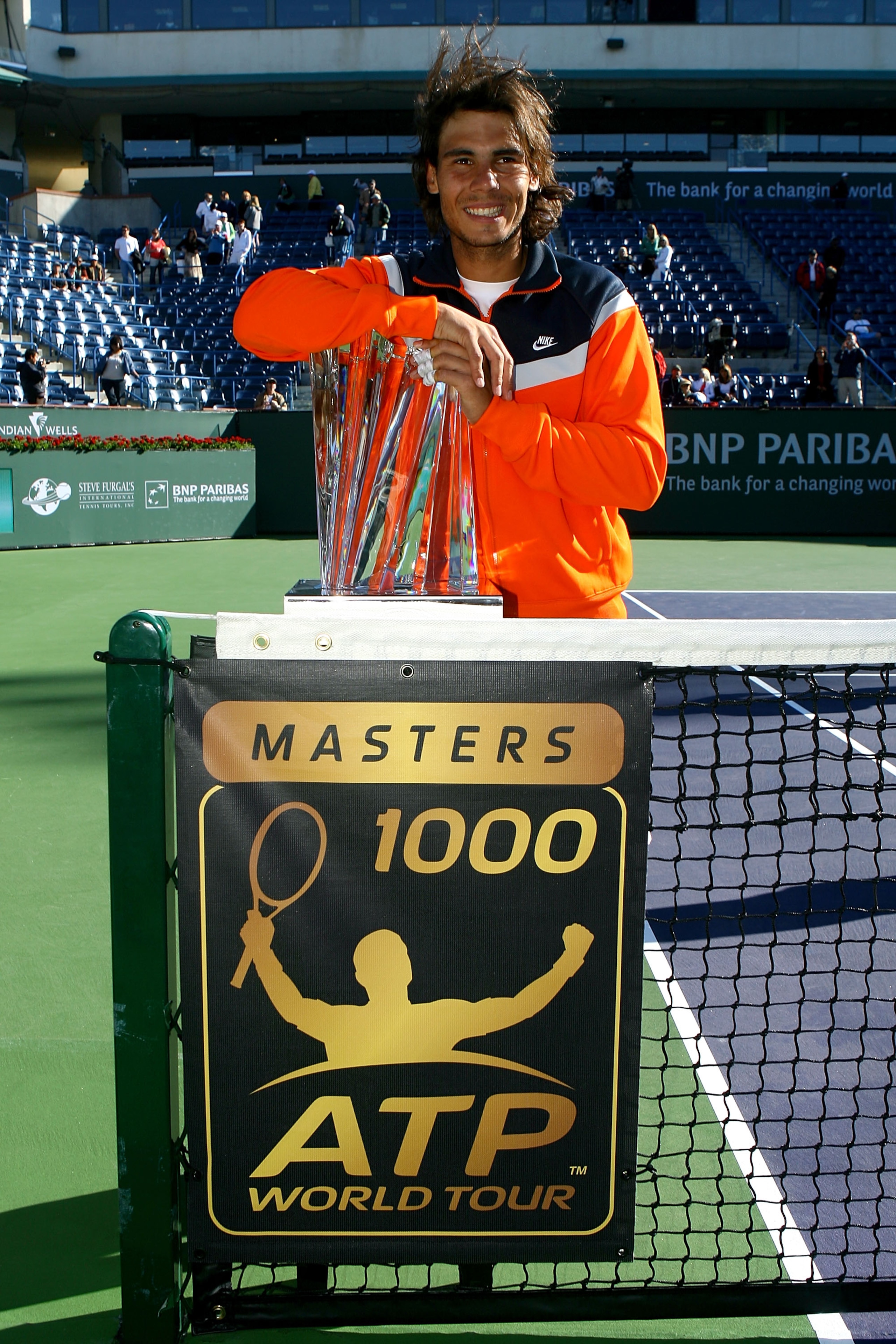 INDIAN WELLS, CA - MARCH 22:  Rafael Nadal of Spain poses with the championship trophy after defeating Andy Murray of Great Britain in the final of the BNP Paribas Open on March 22, 2009 at the Indian Wells Tennis Garden in Indian Wells, California.  (Pho