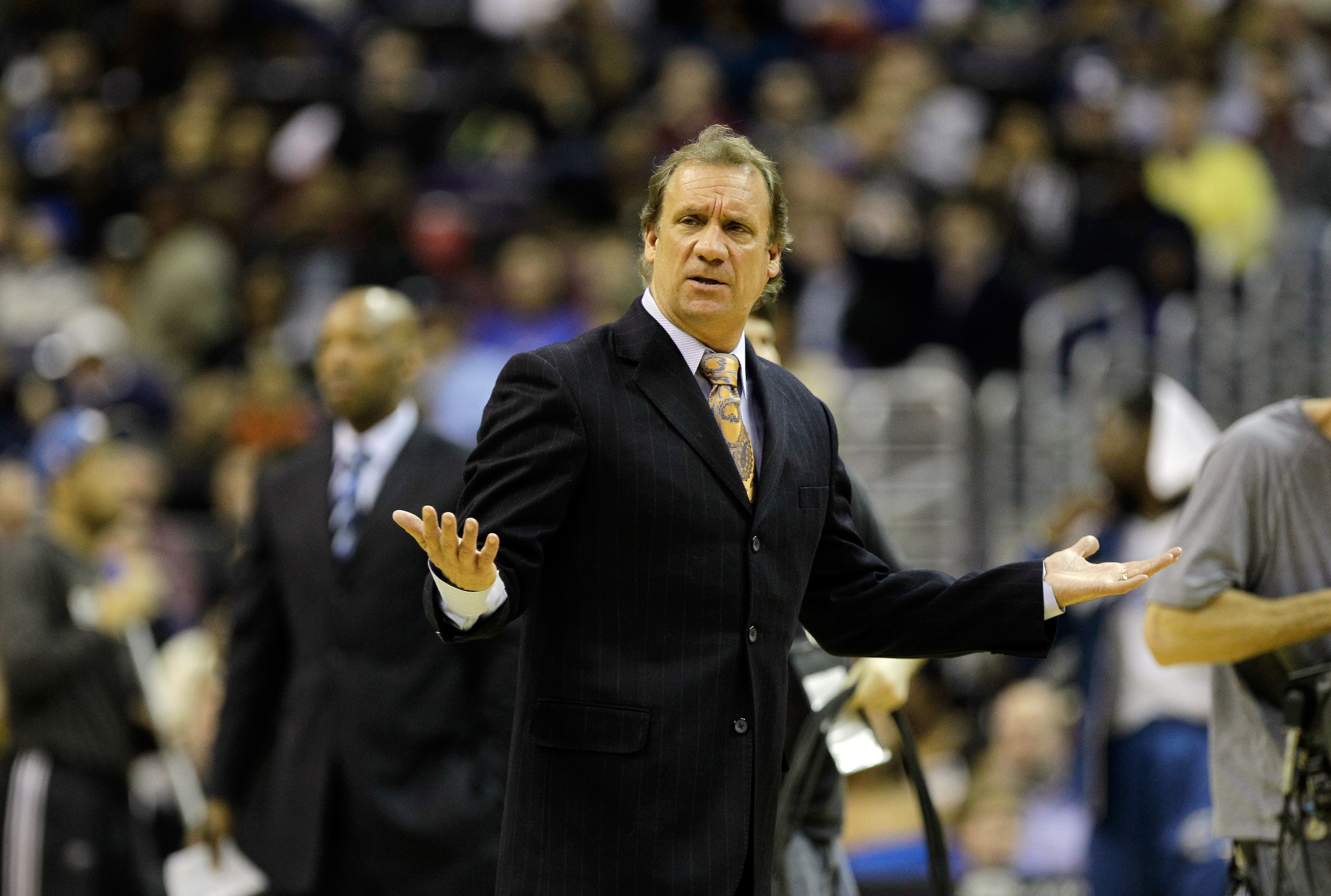 WASHINGTON, DC - FEBRUARY 26: Flip Saunders head coach of the Washington Wizards questions an officials call against the Dallas Mavericks at the Verizon Center on February 26, 2011 in Washington, DC. NOTE TO USER: User expressly acknowledges and agrees th