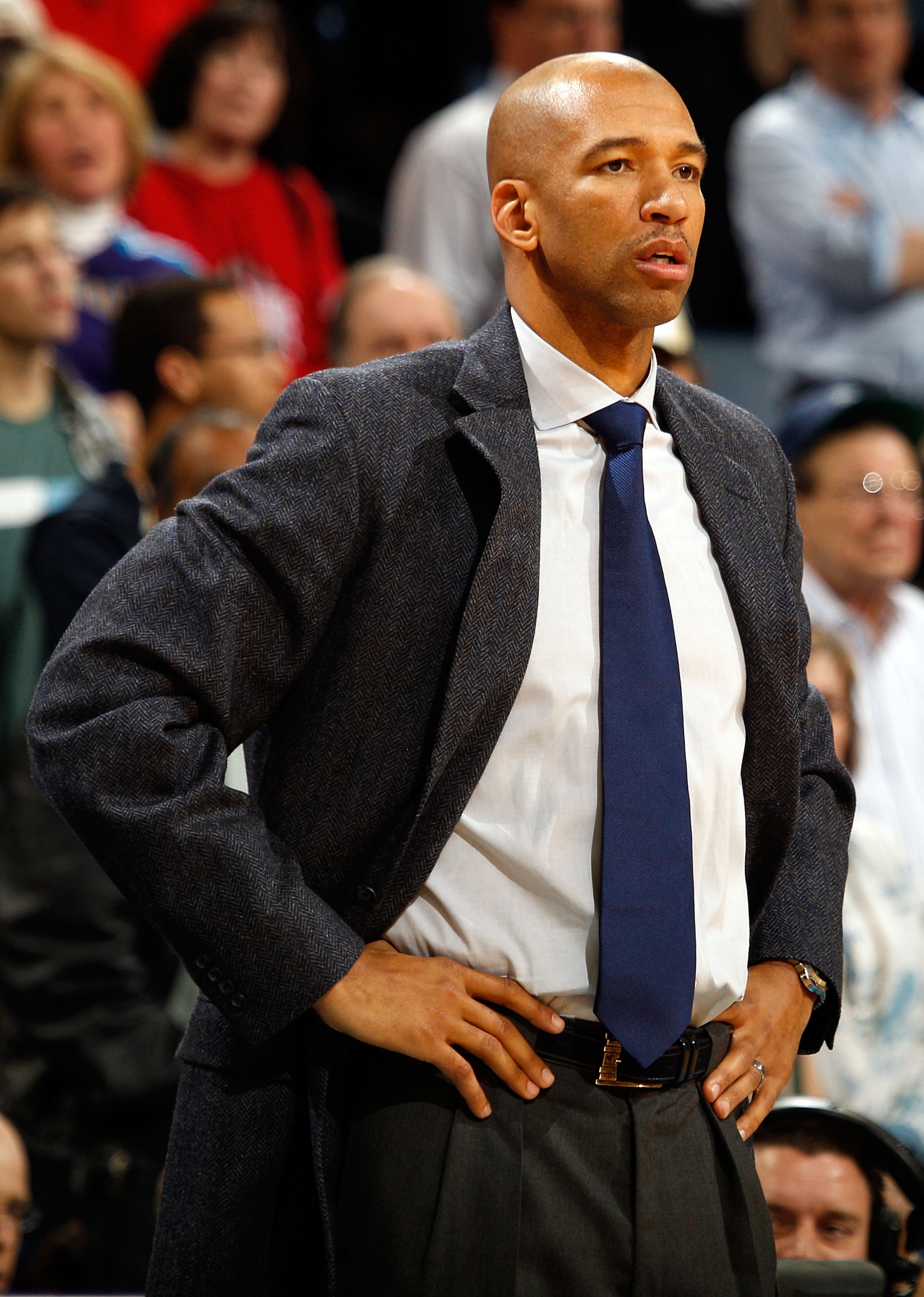 NEW ORLEANS, LA - JANUARY 03:  Head coach Monty Williams of the New Orleans Hornets looks on against the Philadelphia 76ers at New Orleans Arena on January 3, 2011 in New Orleans, Louisiana. NOTE TO USER: User expressly acknowledges and agrees that, by do