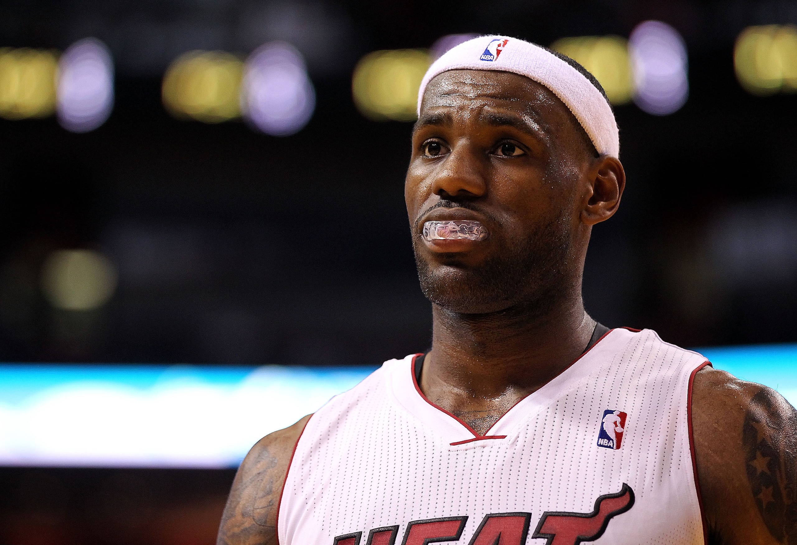 MIAMI, FL - FEBRUARY 27:  LeBron James #6 of the Miami Heat  looks on during a game against the New York Knicks at American Airlines Arena on February 27, 2011 in Miami, Florida. NOTE TO USER: User expressly acknowledges and agrees that, by downloading an