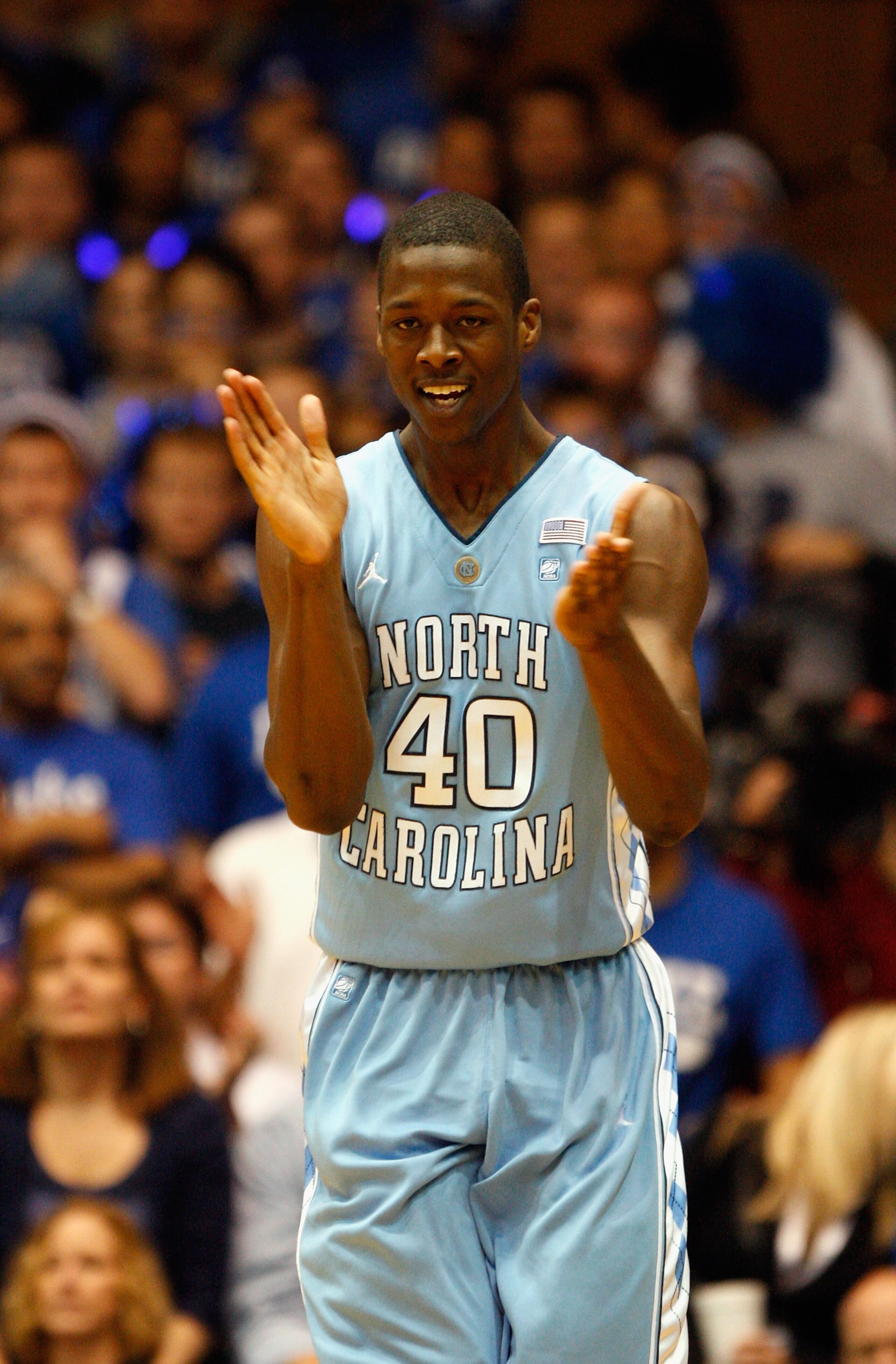 DURHAM, NC - FEBRUARY 09:  Harrison Barnes #40 of the North Carolina Tar Heels celebrates after a basket against the Duke Blue Devils during their game at Cameron Indoor Stadium on February 9, 2011 in Durham, North Carolina.  (Photo by Streeter Lecka/Gett
