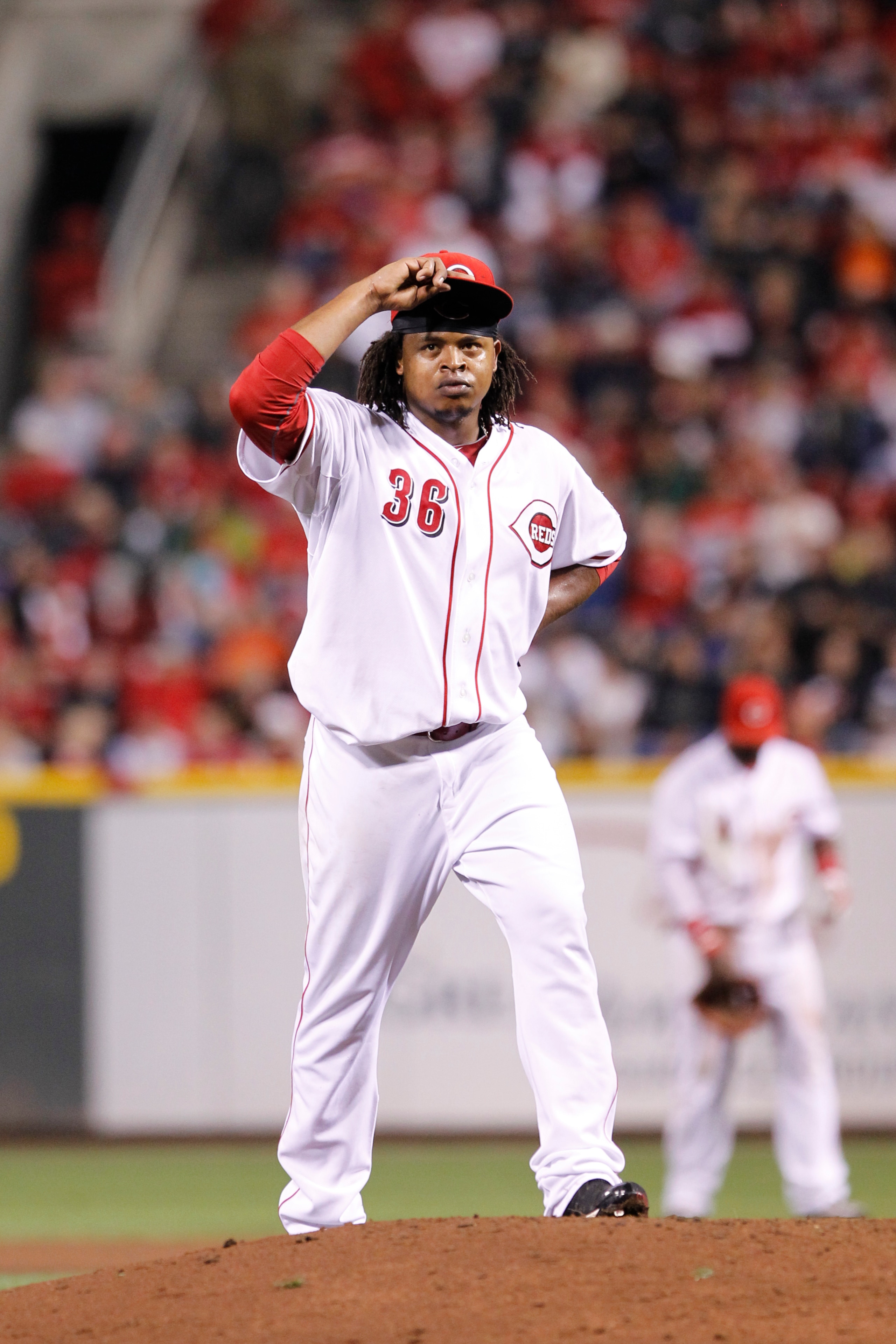 CINCINNATI, OH - SEPTEMBER 28: Edinson Volquez #36 of the Cincinnati Reds looks on against the Houston Astros at Great American Ball Park on September 28, 2010 in Cincinnati, Ohio. The Reds won 3-2 to clinch the NL Central Division title. (Photo by Joe Ro