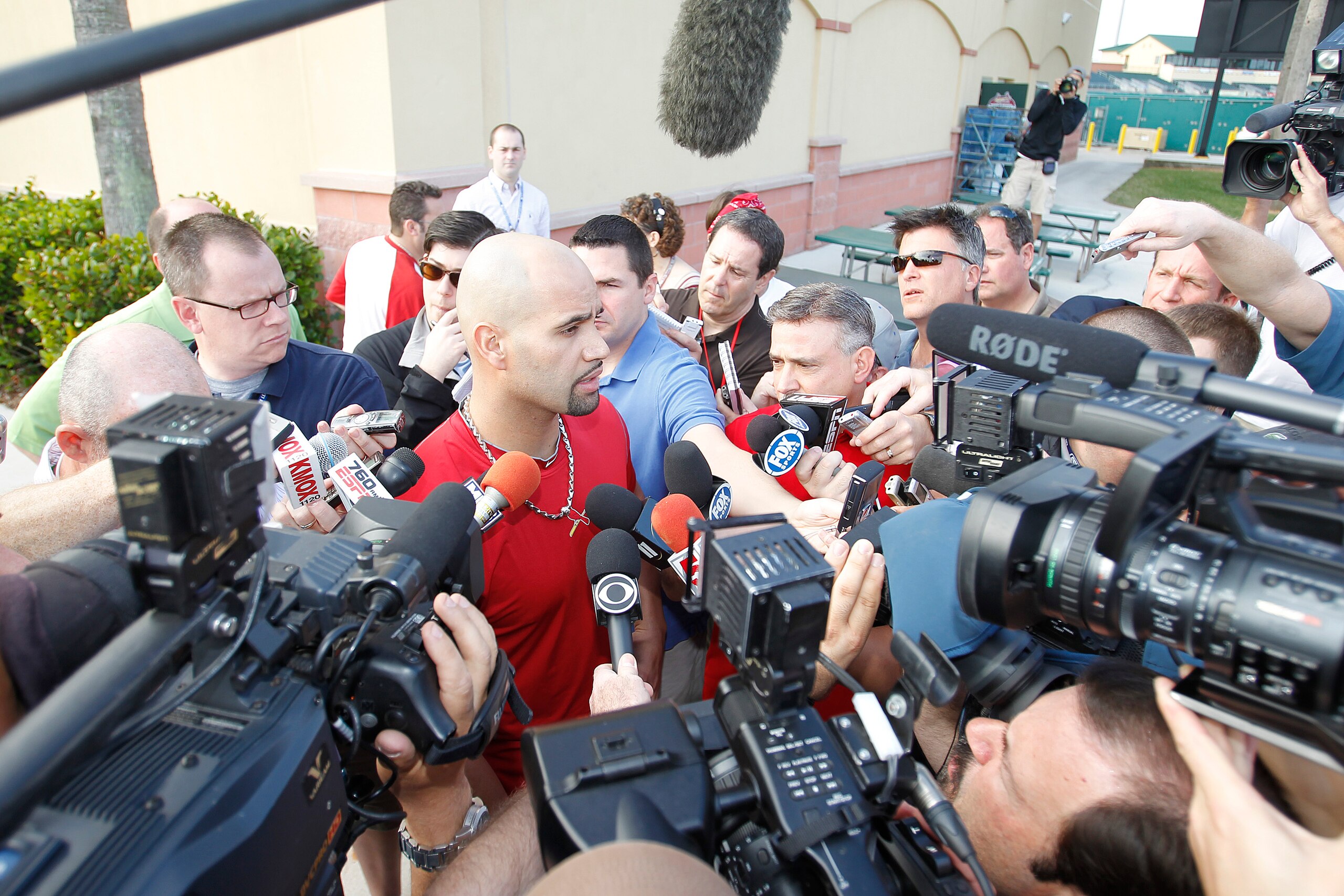 JUPITER, FL - FEBRUARY 17: Albert Pujols #5 of the St. Louis Cardinals answers questions from the media at Roger Dean Stadium on February 17, 2011 in Jupiter, Florida. (Photo by Joel Auerbach/Getty Images) JUPITER, FL - FEBRUARY 17: Albert Pujols #5 of the St. Louis Cardinals answers questions from the media at Roger Dean Stadium on February 17, 2011 in Jupiter, Florida. (Photo by Joel Auerbach/Getty Images)
