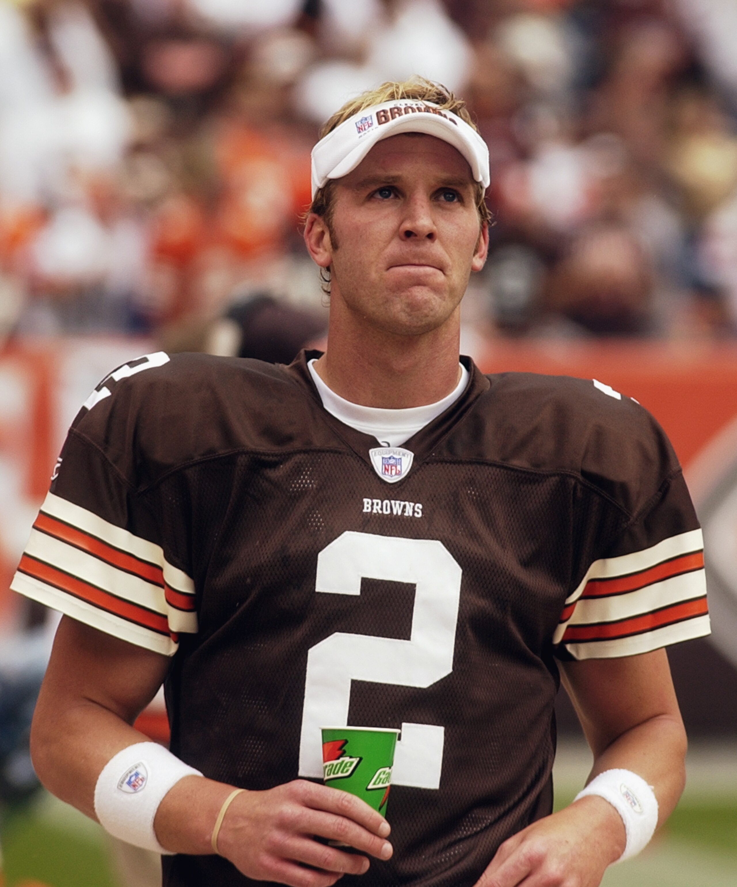 CLEVELAND - SEPTEMBER 28: Quarterback Tim Couch #2 of the Cleveland Browns drinks Gatorade during a game against the Cincinnati Bengals at Cleveland Browns Stadium on September 28, 2003 in Cleveland, Ohio. The Bengals defeated the Browns 21-14. (Photo b CLEVELAND - SEPTEMBER 28: Quarterback Tim Couch #2 of the Cleveland Browns drinks Gatorade during a game against the Cincinnati Bengals at Cleveland Browns Stadium on September 28, 2003 in Cleveland, Ohio. The Bengals defeated the Browns 21-14. (Photo b