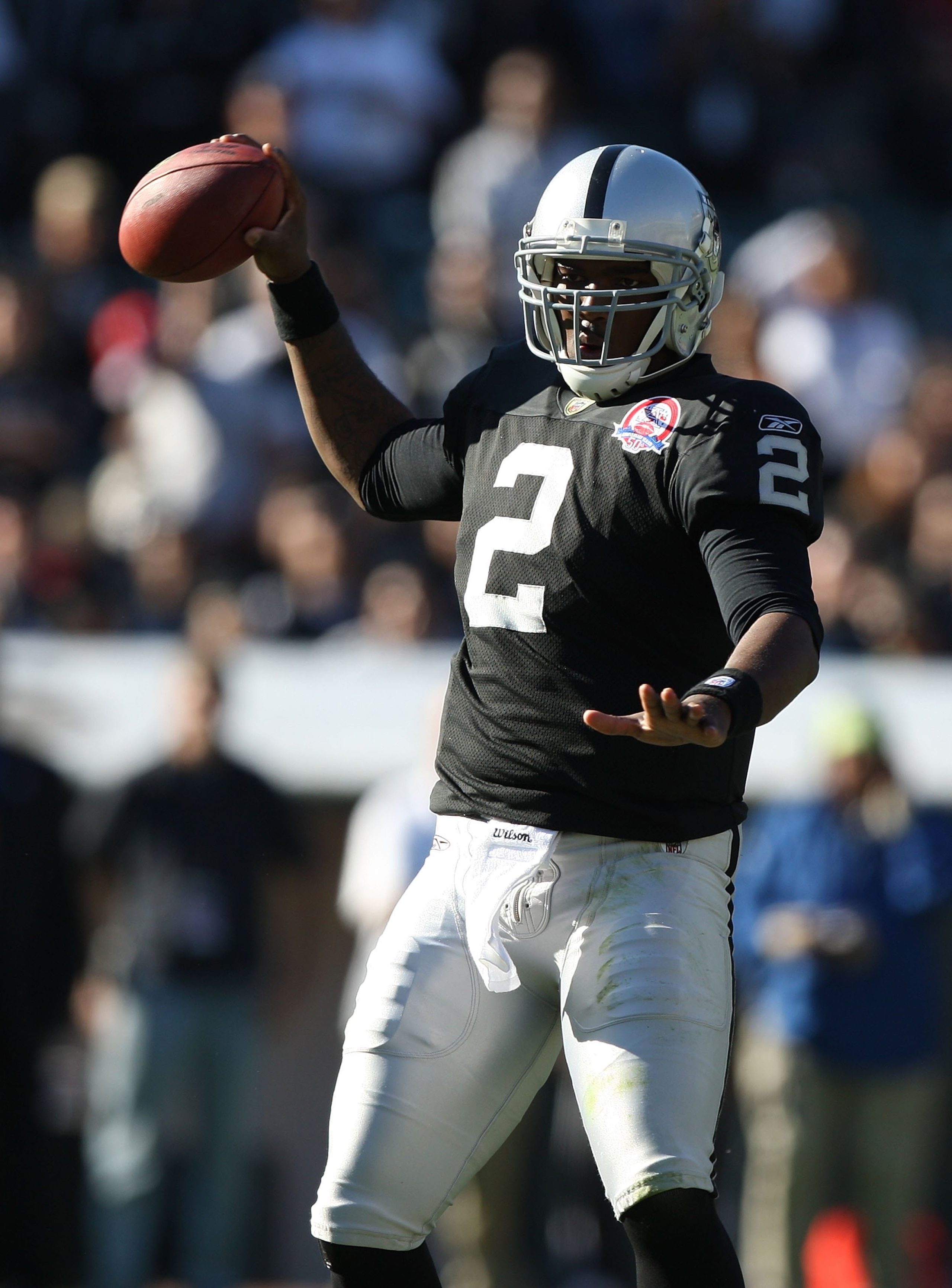 OAKLAND, CA - NOVEMBER 15: JaMarcus Russell #2 of the Oakland Raiders passes against the Kansas City Chiefs during an NFL game at Oakland-Alameda County Coliseum on November 15, 2009 in Oakland, California. (Photo by Jed Jacobsohn/Getty Images) OAKLAND, CA - NOVEMBER 15: JaMarcus Russell #2 of the Oakland Raiders passes against the Kansas City Chiefs during an NFL game at Oakland-Alameda County Coliseum on November 15, 2009 in Oakland, California. (Photo by Jed Jacobsohn/Getty Images)