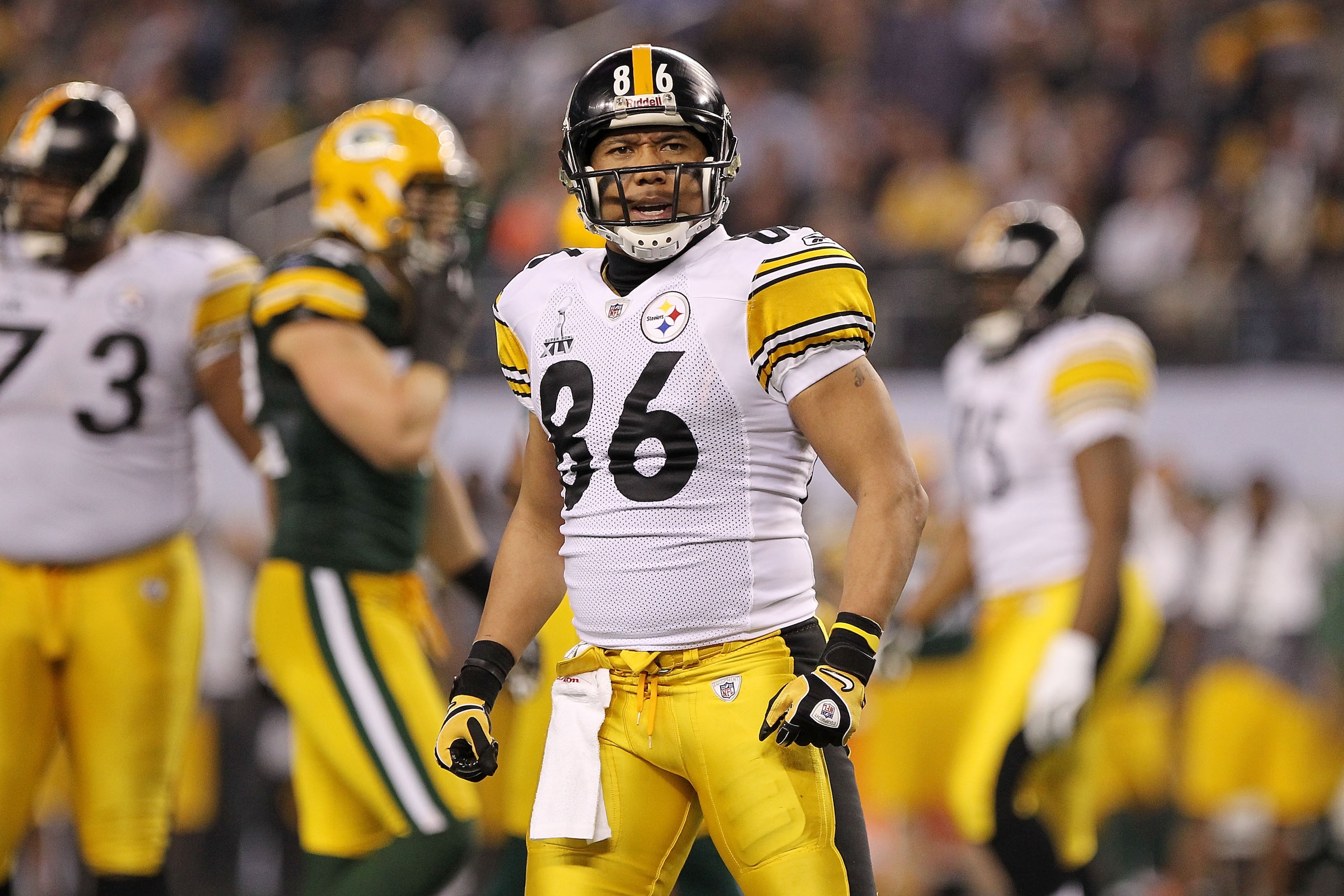 ARLINGTON, TX - FEBRUARY 06: Hines Ward #86 of the Pittsburgh Steelers reacts against the Green Bay Packers during the third quarter of Super Bowl XLV at Cowboys Stadium on February 6, 2011 in Arlington, Texas. (Photo by Doug Pensinger/Getty Images) ARLINGTON, TX - FEBRUARY 06: Hines Ward #86 of the Pittsburgh Steelers reacts against the Green Bay Packers during the third quarter of Super Bowl XLV at Cowboys Stadium on February 6, 2011 in Arlington, Texas. (Photo by Doug Pensinger/Getty Images)