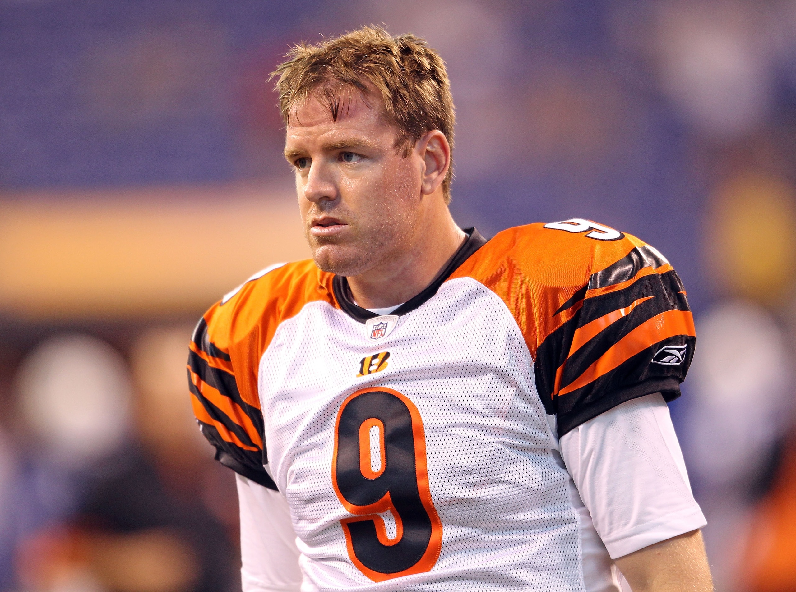 INDIANAPOLIS - SEPTEMBER 02:  Carson Palmer #9  of the Cincinnati Bengals watches from the sidelines during the NFL preseason game against the Indianapolis Colts at Lucas Oil Stadium on September 2, 2010 in Indianapolis, Indiana.  (Photo by Andy Lyons/Get