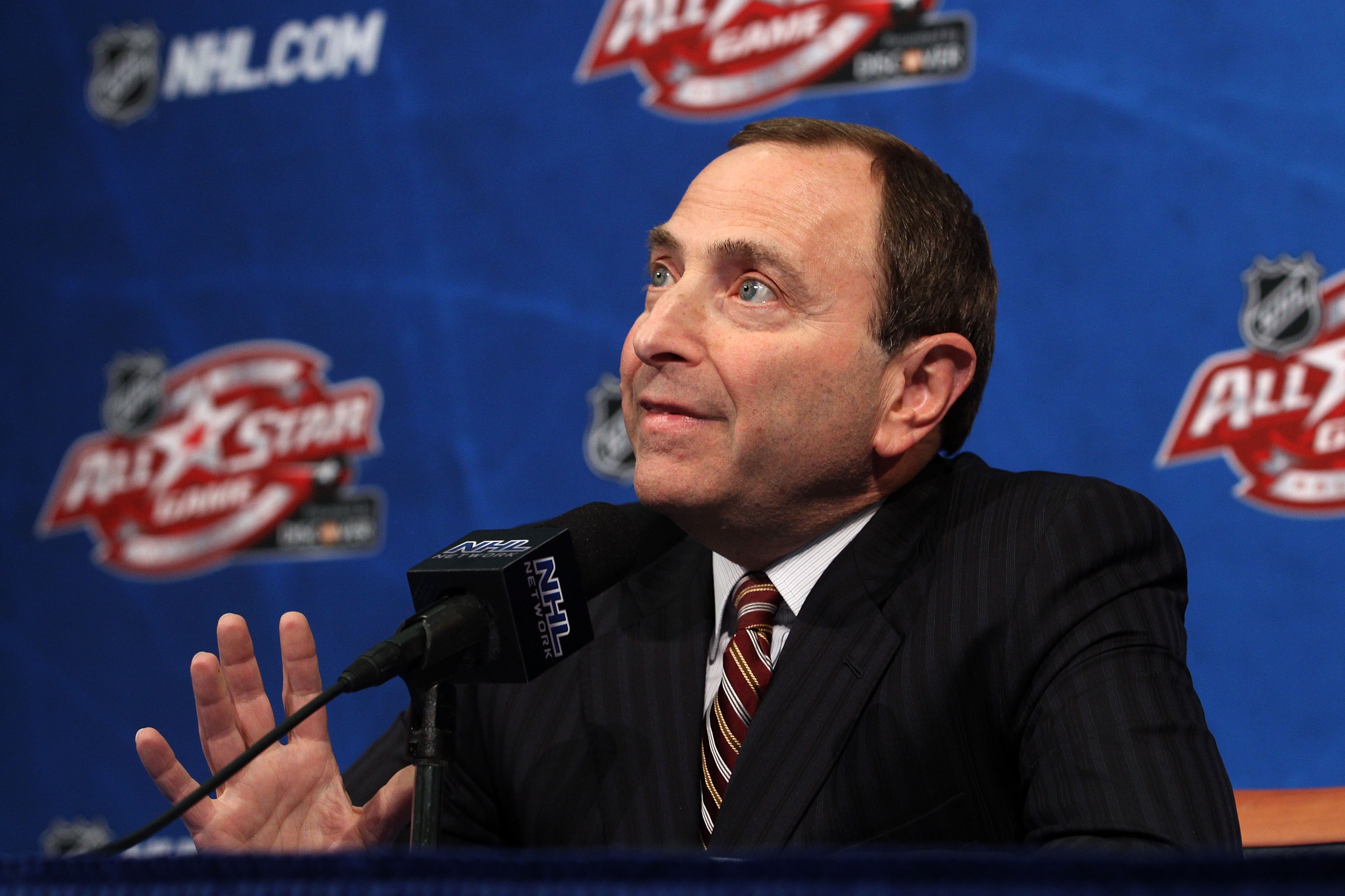 RALEIGH, NC - JANUARY 29:  NHL Commissioner Gary Bettman speaks at a press conference during the 2011 NHL All-Star Weekend at the RBC Center on January 29, 2011 in Raleigh, North Carolina.  (Photo by Bruce Bennett/Getty Images)
