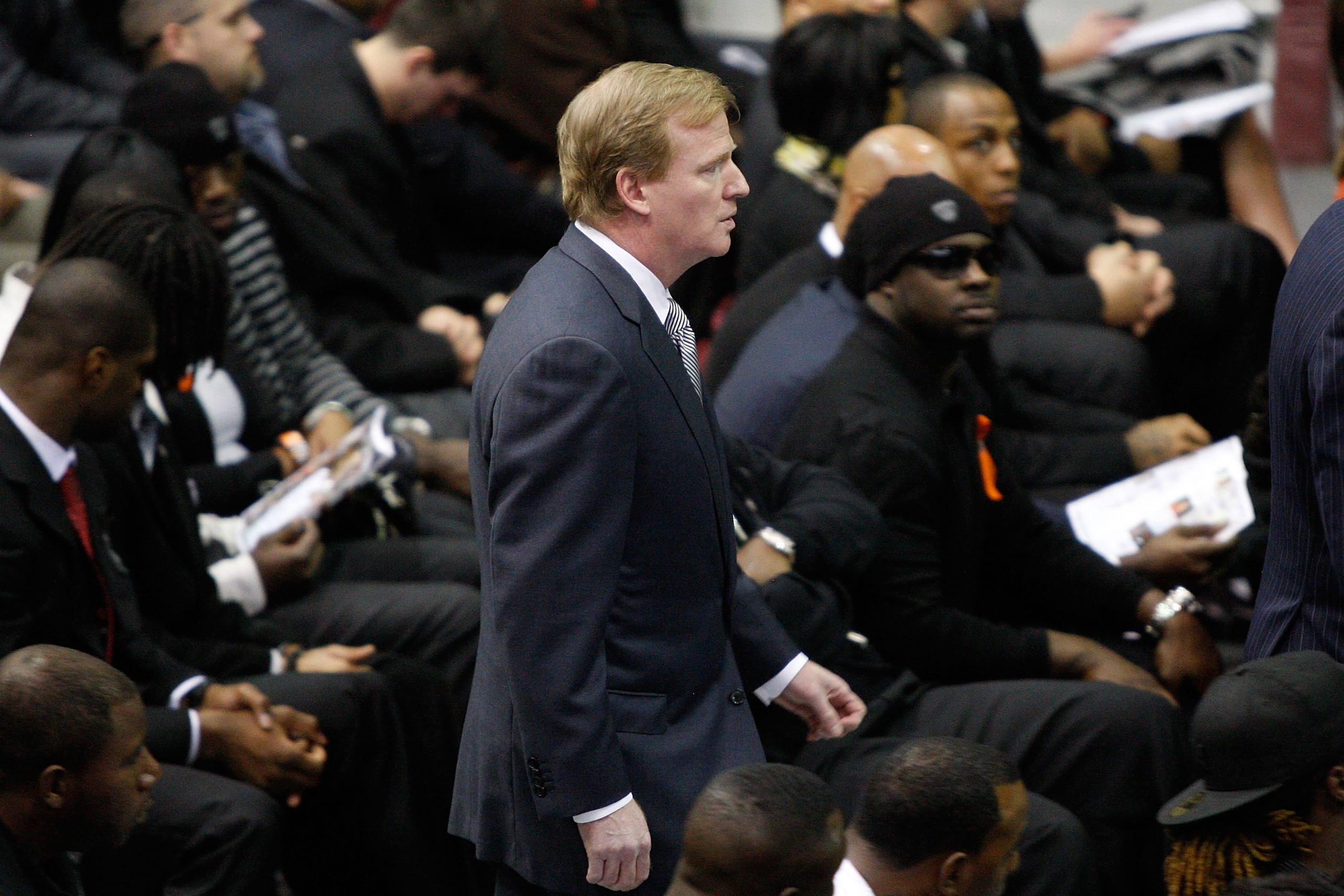WESTWEGO, LA - DECEMBER 22:  NFL Commissioner Roger Goodell walks in during the funeral for Cincinati Bengals player Chris Henry at the Alario Center  on December 22, 2009 in Westwego, Louisiana.  Henry died last week after he fell out of the bed of picku