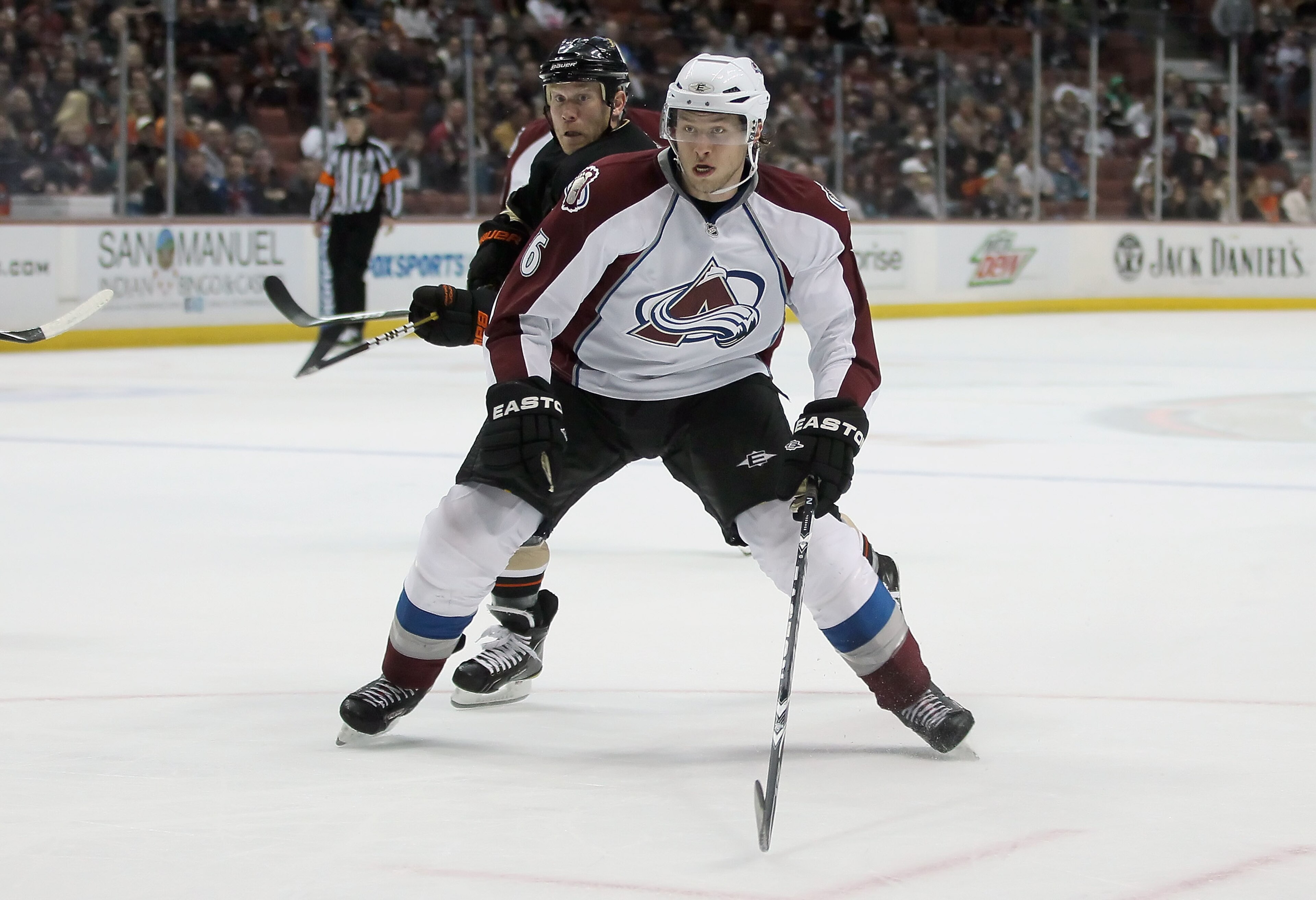 ANAHEIM, CA - FEBRUARY 27:  Erik Johnson #6 of the Colorado Avalanche is pursued by Todd Marchant #22 of the Anaheim Ducks at Honda Center on February 27, 2011 in Anaheim, California.  (Photo by Jeff Gross/Getty Images)