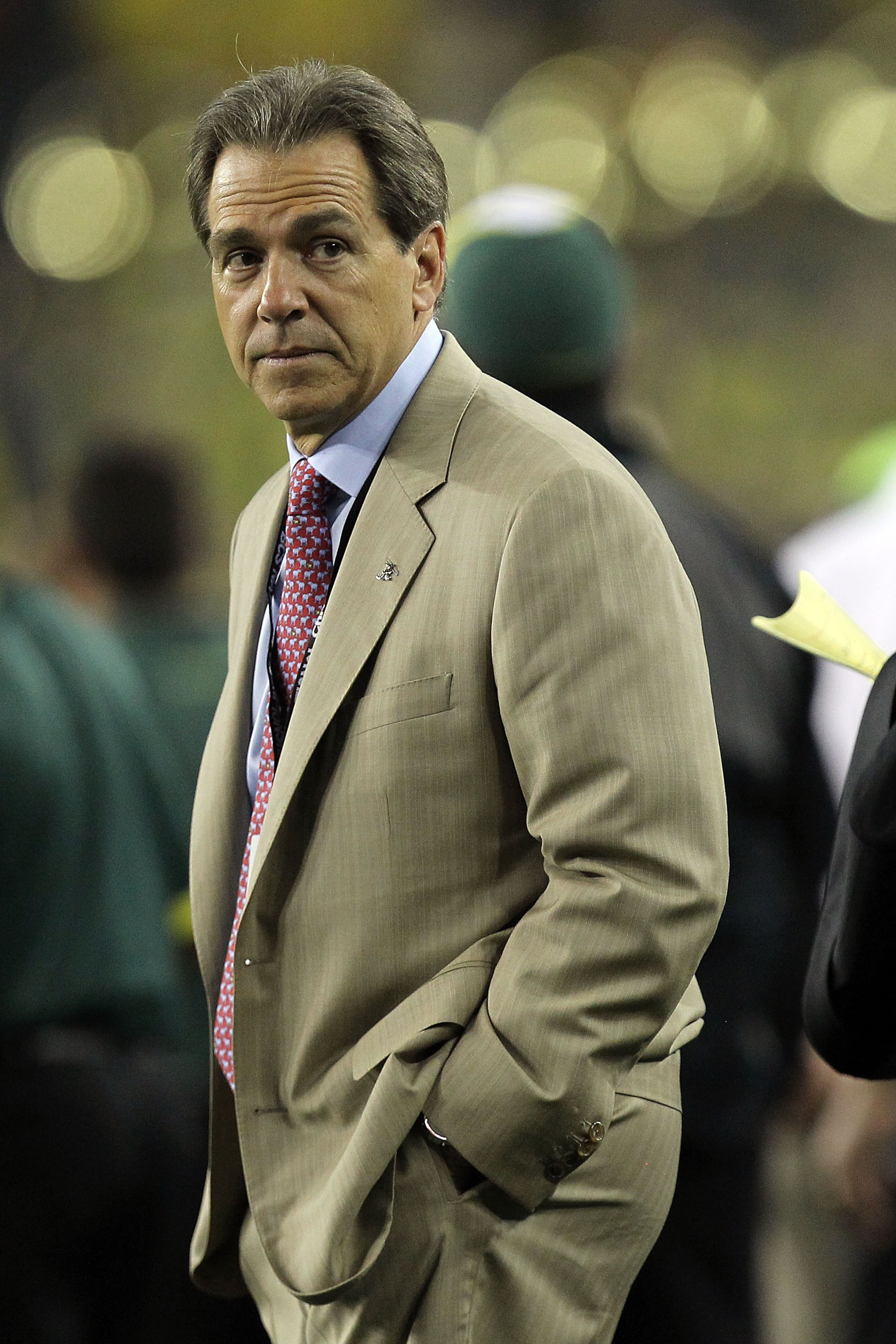 GLENDALE, AZ - JANUARY 10: Head coach Nick Saban of the Alabama Crimson Tide looks on from the sideline during the Tostitos BCS National Championship Game at University of Phoenix Stadium on January 10, 2011 in Glendale, Arizona. (Photo by Ronald Martin GLENDALE, AZ - JANUARY 10: Head coach Nick Saban of the Alabama Crimson Tide looks on from the sideline during the Tostitos BCS National Championship Game at University of Phoenix Stadium on January 10, 2011 in Glendale, Arizona. (Photo by Ronald Martin