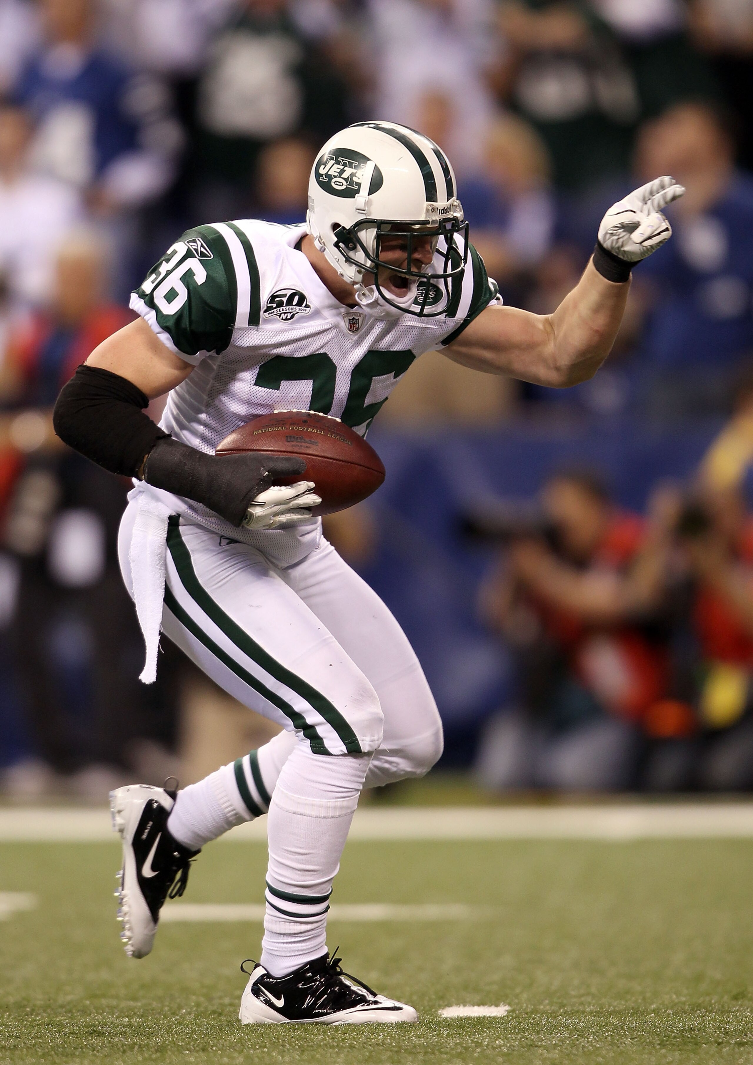 INDIANAPOLIS - JANUARY 24:  Jim Leonhard #36 of the New York Jets reacts after recovering a fumble in the second quarter by Joseph Addai #29 of the Indianapolis Colts during the AFC Championship Game at Lucas Oil Stadium on January 24, 2010 in Indianapoli