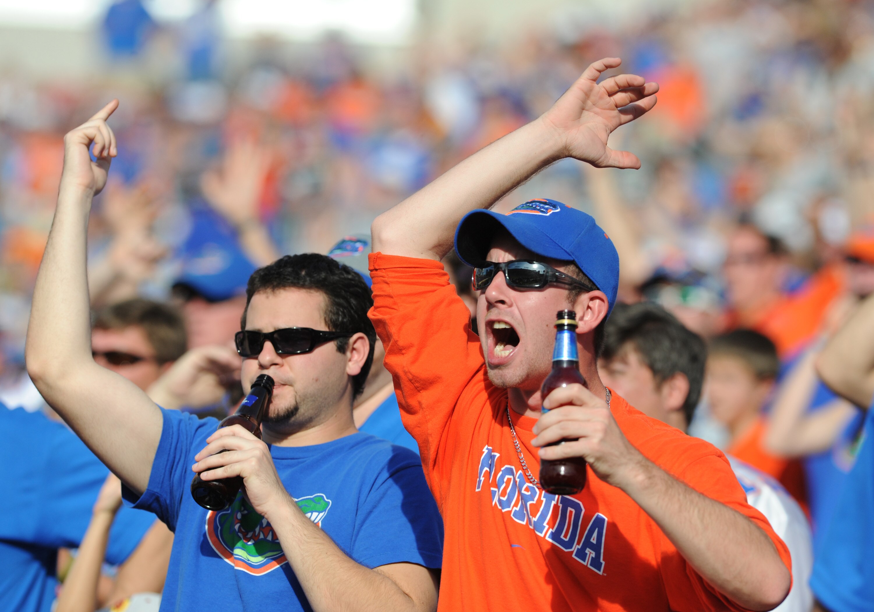 TAMPA, FL - JANUARY 1:  Fans of the Florida Gators cheer play  against the Penn State Nittany Lions January 1, 2011 in the 25th Outback Bowl at Raymond James Stadium in Tampa, Florida.  (Photo by Al Messerschmidt/Getty Images)