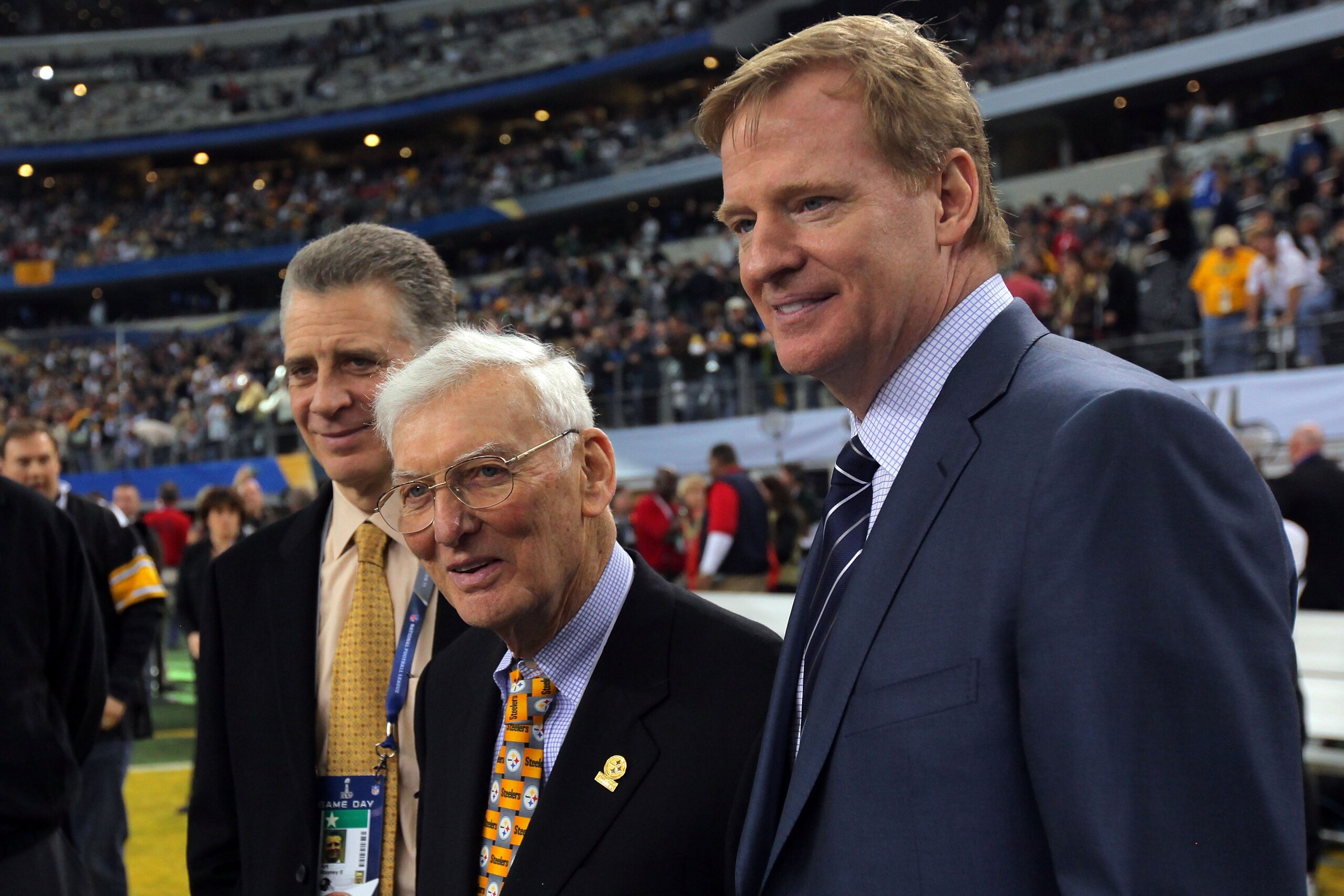 ARLINGTON, TX - FEBRUARY 06:  (L-R) President and co-owner Art Rooney II of the Pittsburgh Steelers, owner Dan Rooney of the Steelers and NFL Commissioner Roger Goodell on the sideline before Super Bowl XLV against the Green Bay Packers at Cowboys Stadium