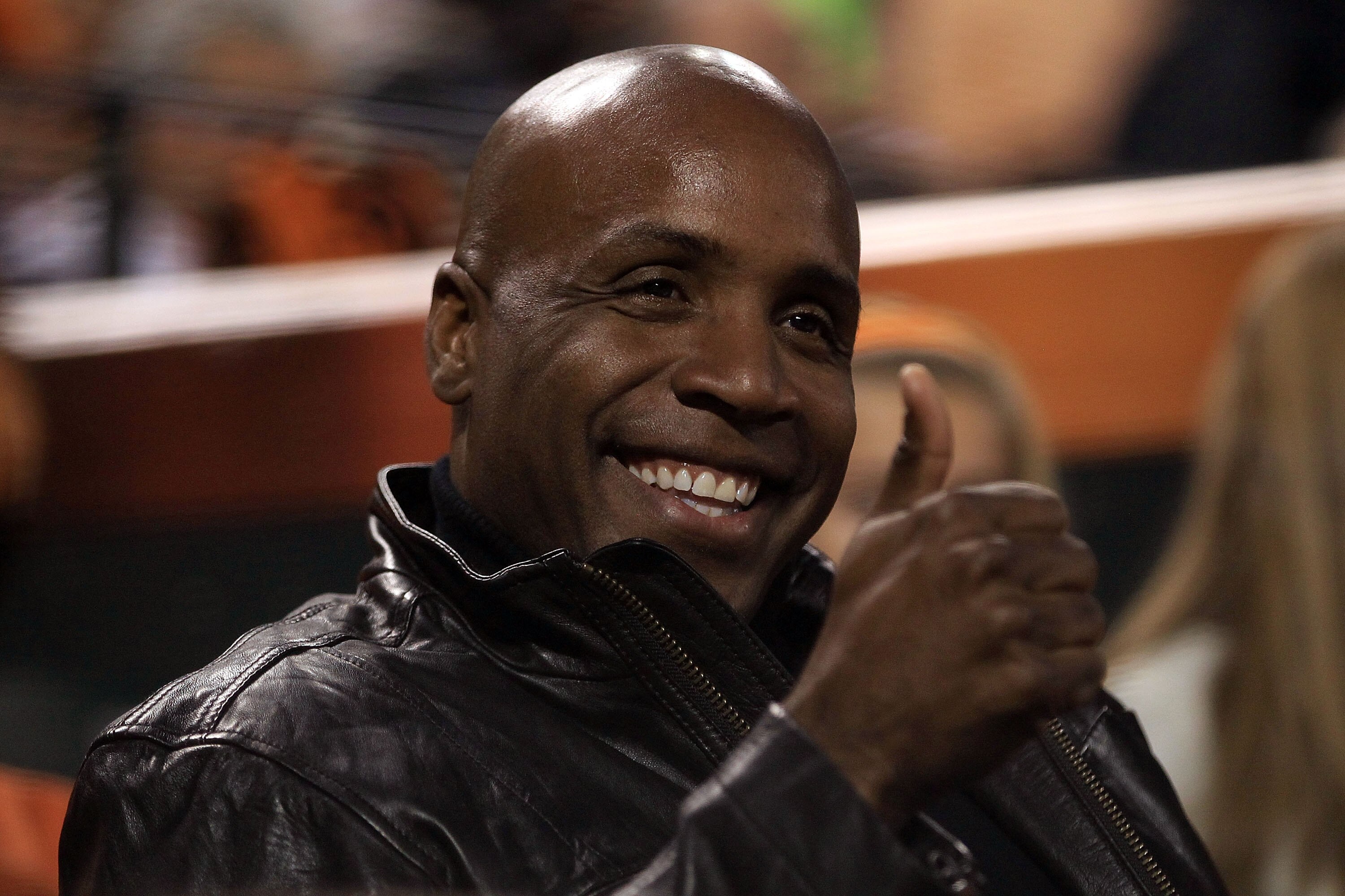 SAN FRANCISCO - OCTOBER 27:  Barry Bonds gestures from his seat during Game One of the 2010 MLB World Series at AT&T Park on October 27, 2010 in San Francisco, California.  (Photo by Ezra Shaw/Getty Images)