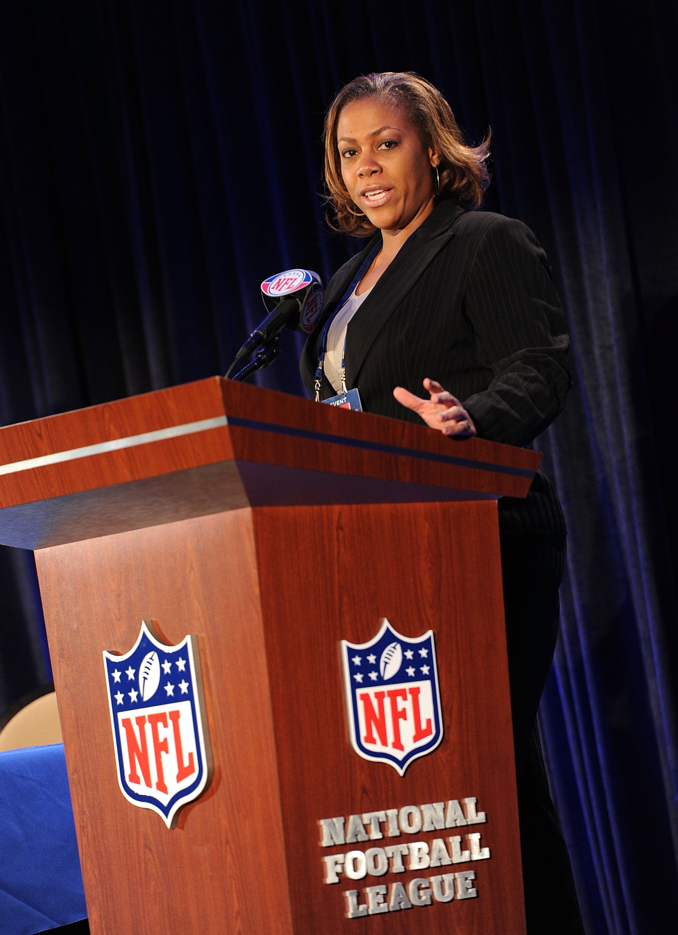 DALLAS, TX - FEBRUARY 04:  VP of Corporate Partnerships and Business Development, NFLPA, Allison Tucker speaks at the Super Bowl Gospel Celebration 2011 Press Conference at Music Hall At Fair Park on February 4, 2011 in Dallas, Texas.  (Photo by Rick Diam