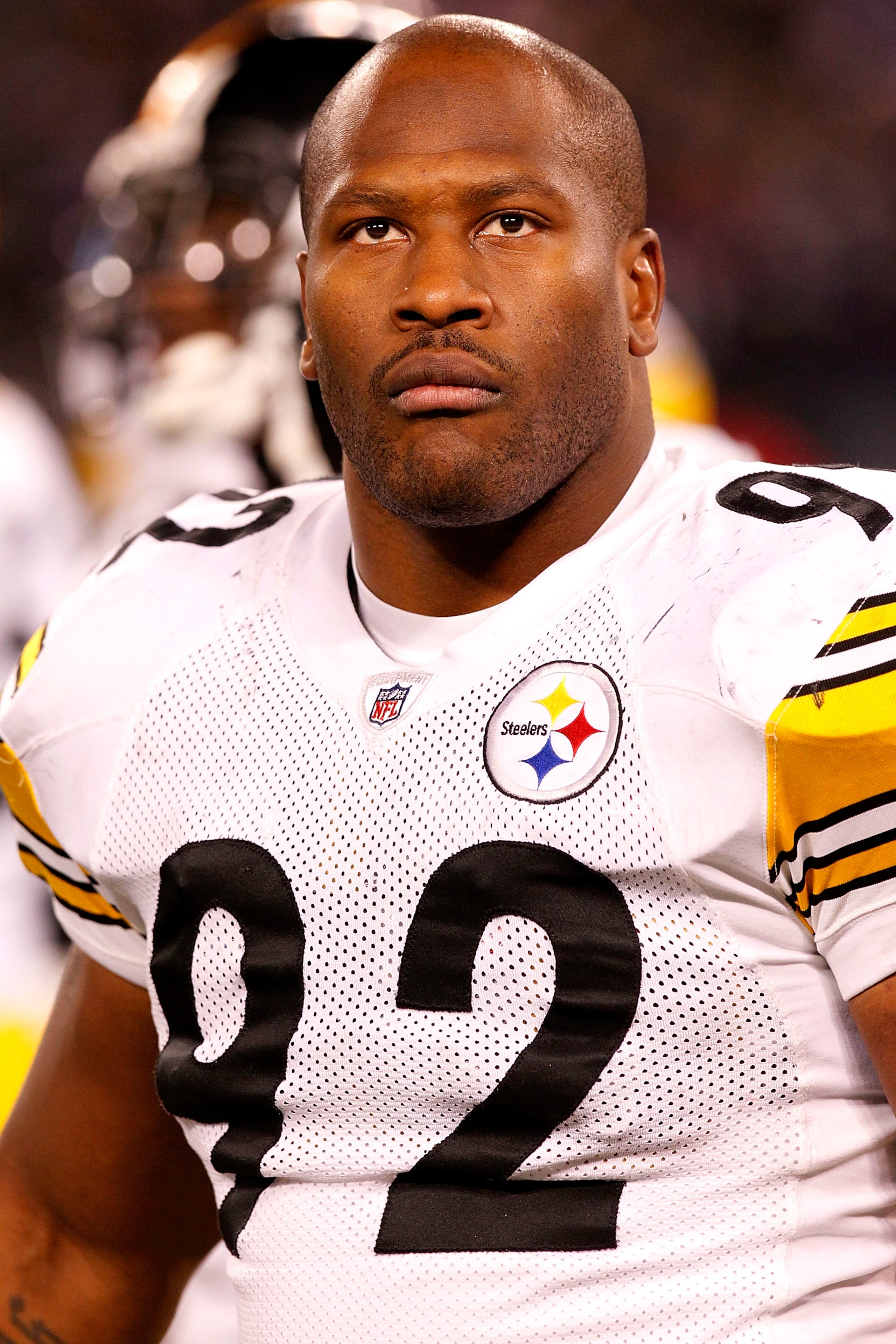 BALTIMORE, MD - DECEMBER 05:  James Harrison #92 of the Pittsburgh Steelers watches from the sidelines against the Baltimore Ravens at M&T Bank Stadium on December 5, 2010 in Baltimore, Maryland.  (Photo by Geoff Burke/Getty Images)