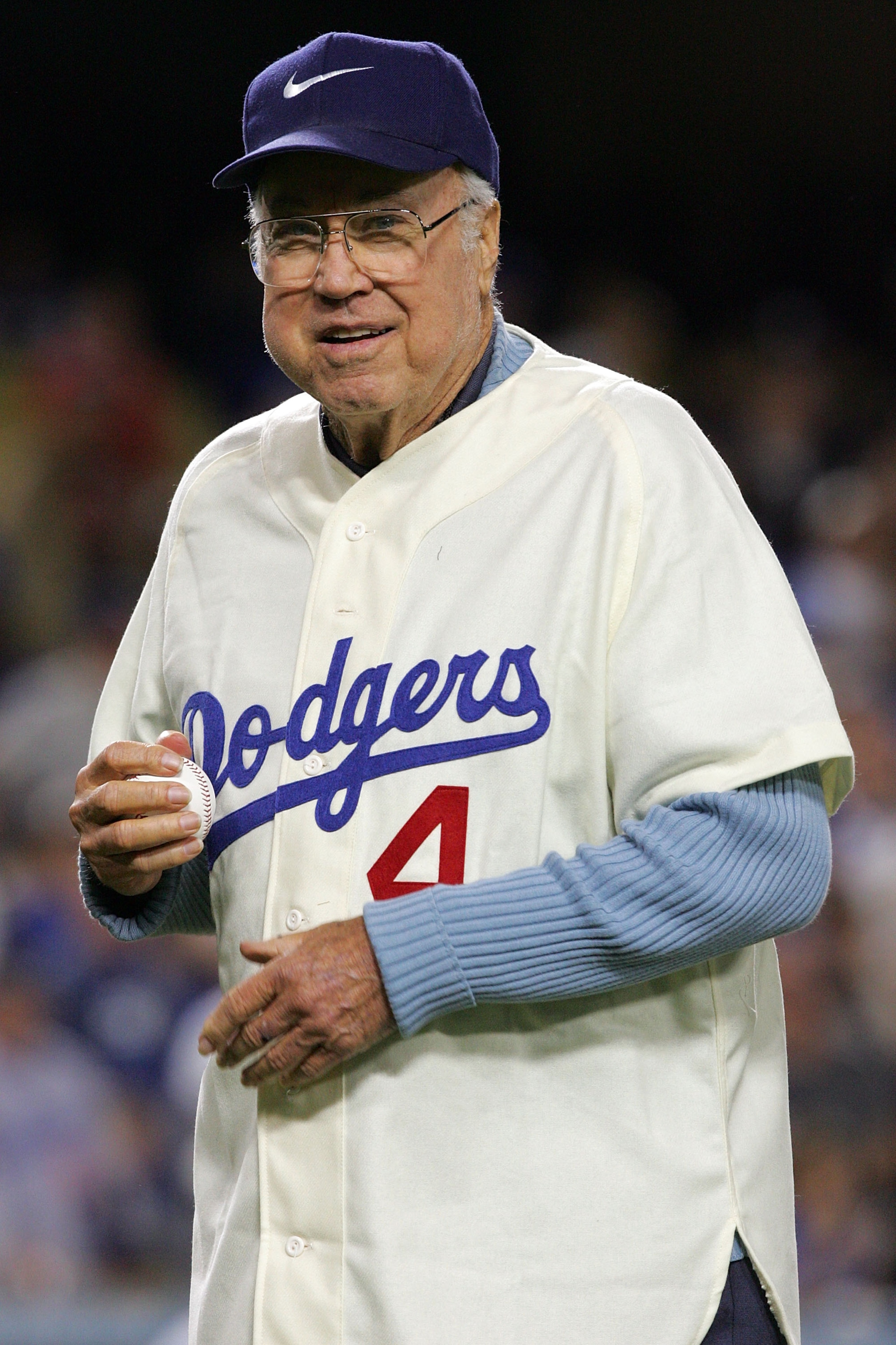 LOS ANGELES, CA - OCTOBER 04:  Former Los Angeles Dodgers great Duke Snider throws out the first pitch before the Dodgers take on the Chicago Cubs in Game Three of the NLDS during the 2008 MLB playoffs on October 4, 2008 at Dodger Stadium in Los Angeles,