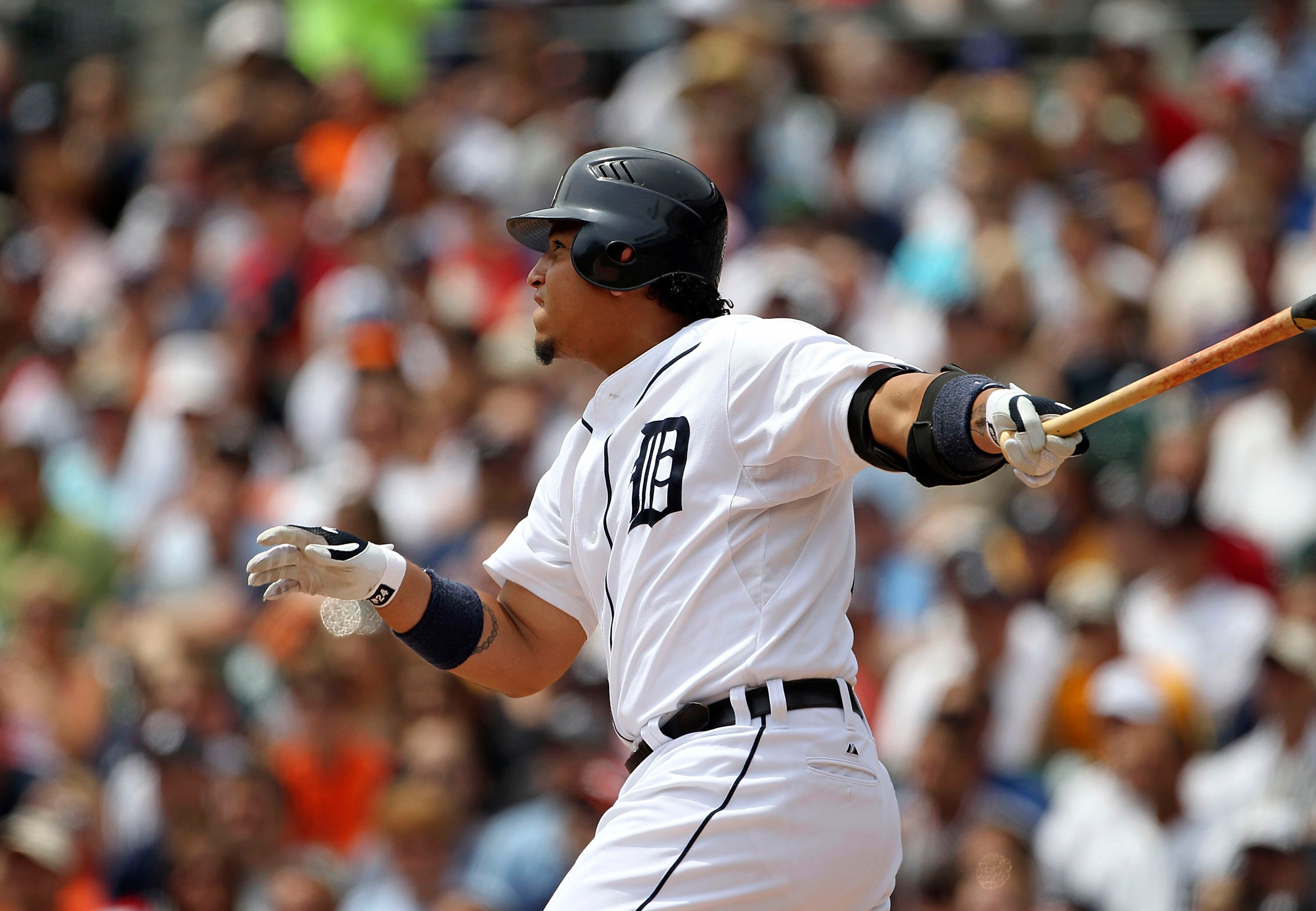 DETROIT - JULY 22:  Miguel Cabrera #24 of the Detroit Tigers watches the ball hit to deep left center field for a ground rule double in the sixth inning during the game against the Toronto Blue Jays on July 22, 2010 at Comerica Park in Detroit, Michigan.
