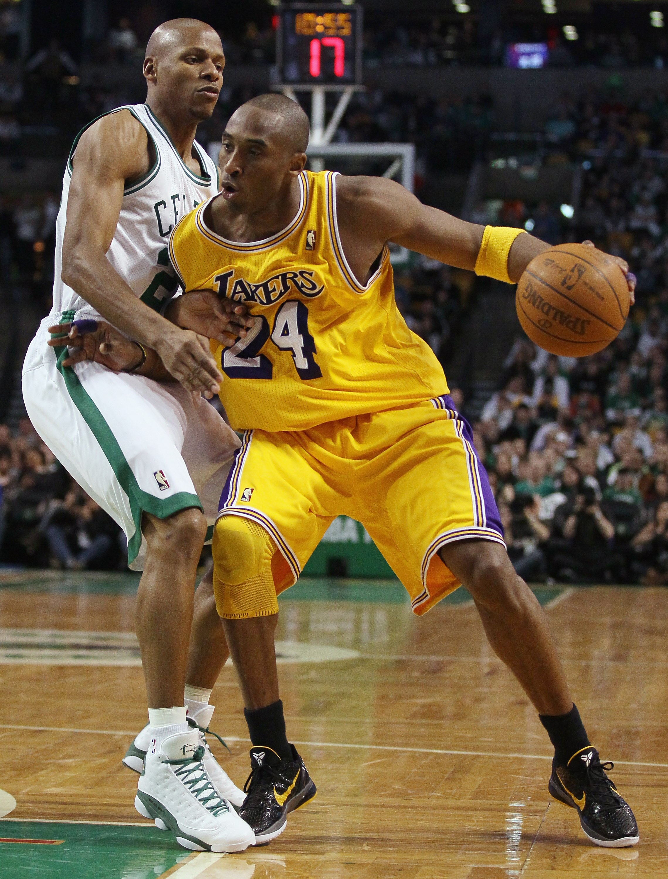 BOSTON, MA - FEBRUARY 10:  Kobe Bryant #24 of the Los Angeles Lakers tries to get around Ray Allen #20 of the Boston Celtics on February 10, 2011 at the TD Garden in Boston, Massachusetts.  The Lakers defeated the Celtics 92-86. NOTE TO USER: User express