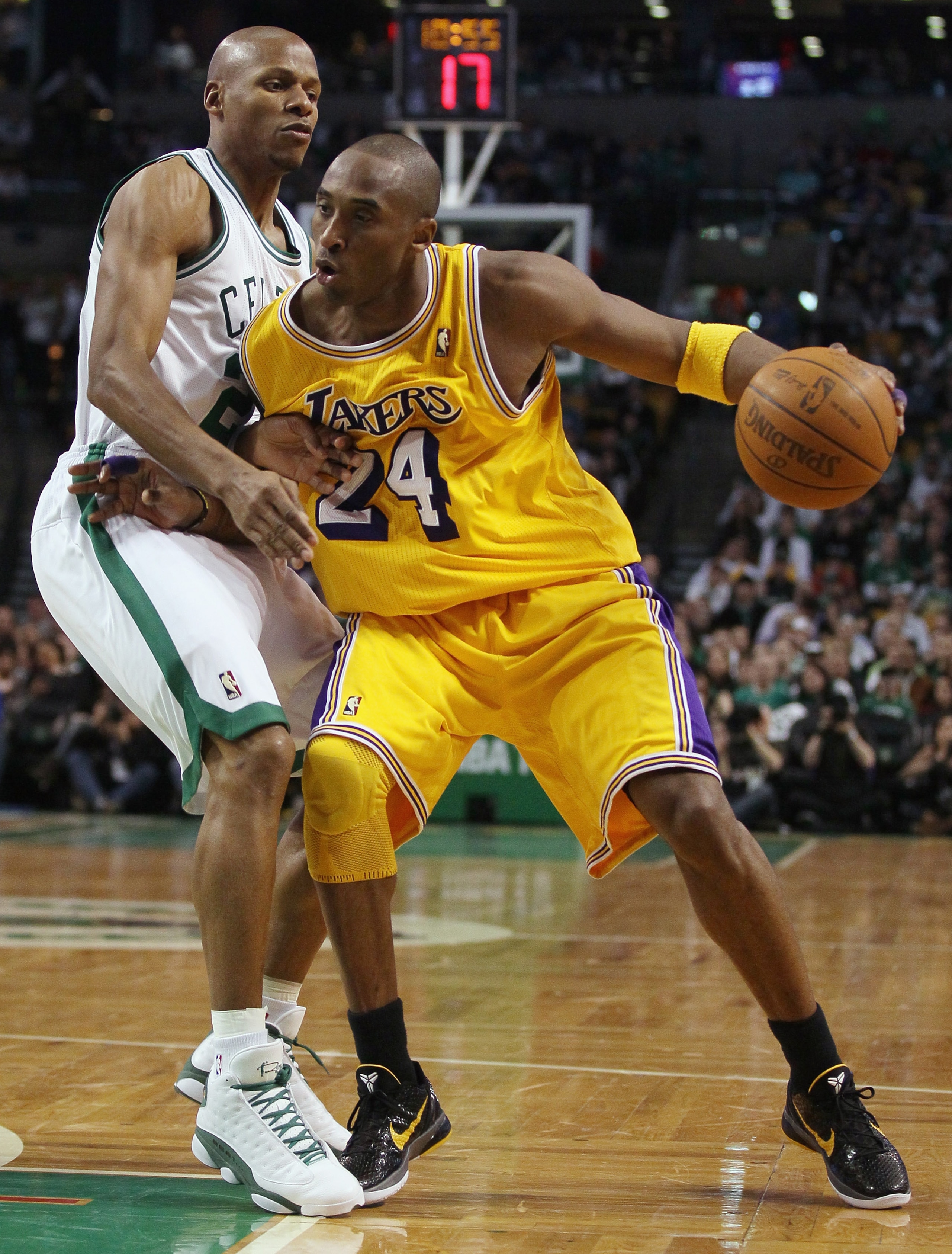 BOSTON, MA - FEBRUARY 10:  Kobe Bryant #24 of the Los Angeles Lakers tries to get around Ray Allen #20 of the Boston Celtics on February 10, 2011 at the TD Garden in Boston, Massachusetts.  The Lakers defeated the Celtics 92-86. NOTE TO USER: User express