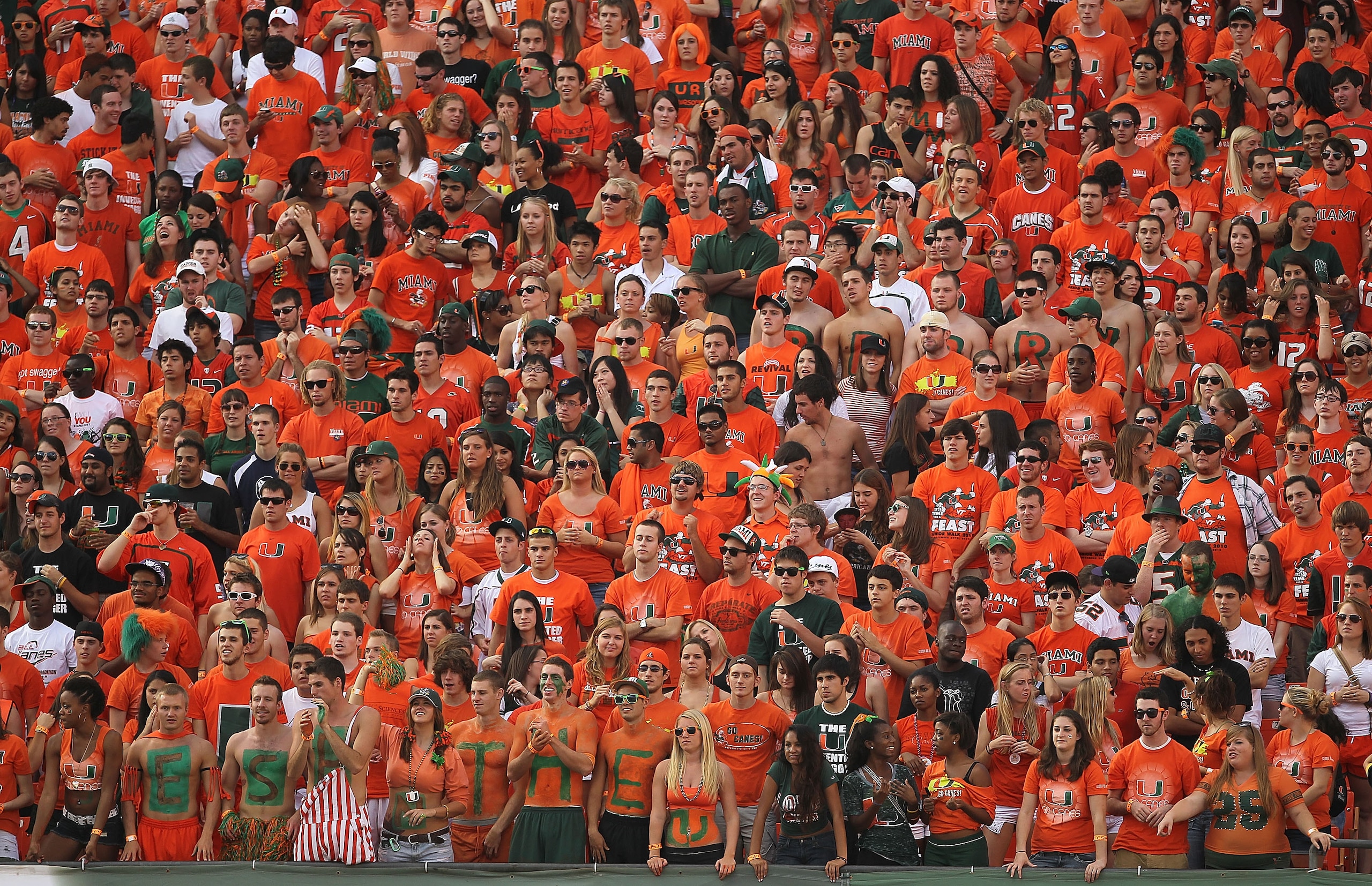 MIAMI - NOVEMBER 20: The Miami Hurricanes student section cheers during a game against the Virginia Tech Hokies at Sun Life Stadium on November 20, 2010 in Miami, Florida. (Photo by Mike Ehrmann/Getty Images) MIAMI - NOVEMBER 20: The Miami Hurricanes student section cheers during a game against the Virginia Tech Hokies at Sun Life Stadium on November 20, 2010 in Miami, Florida. (Photo by Mike Ehrmann/Getty Images)