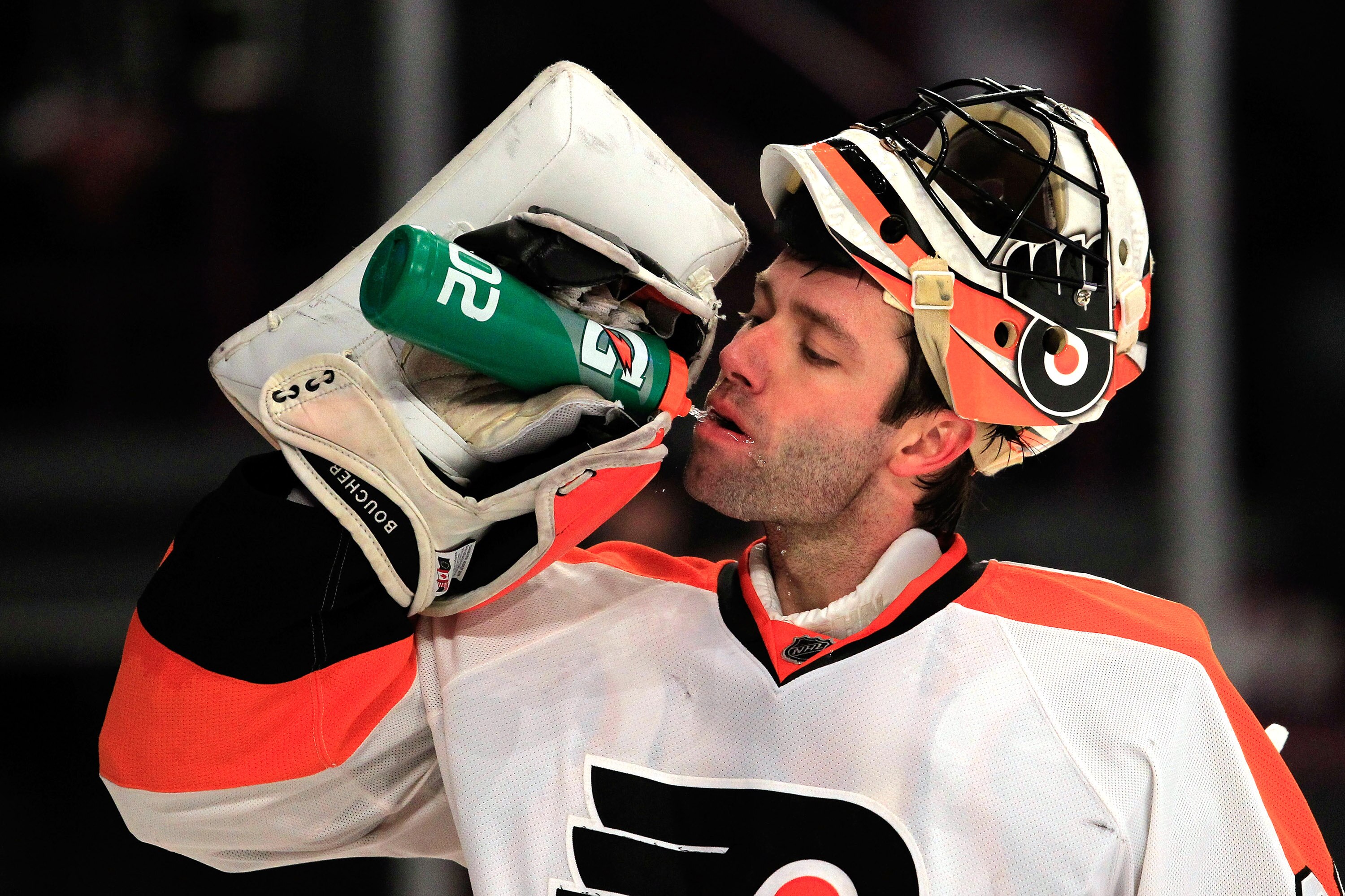 NEW YORK, NY - FEBRUARY 20:  Brian Boucher#33 of the Philadelpia Flyers has a drink during the game against the New York Rangers at Madison Square Garden on February 20, 2011 in New York City. The Flyers defeated the Flyers 4-2.  (Photo by Chris Trotman/G