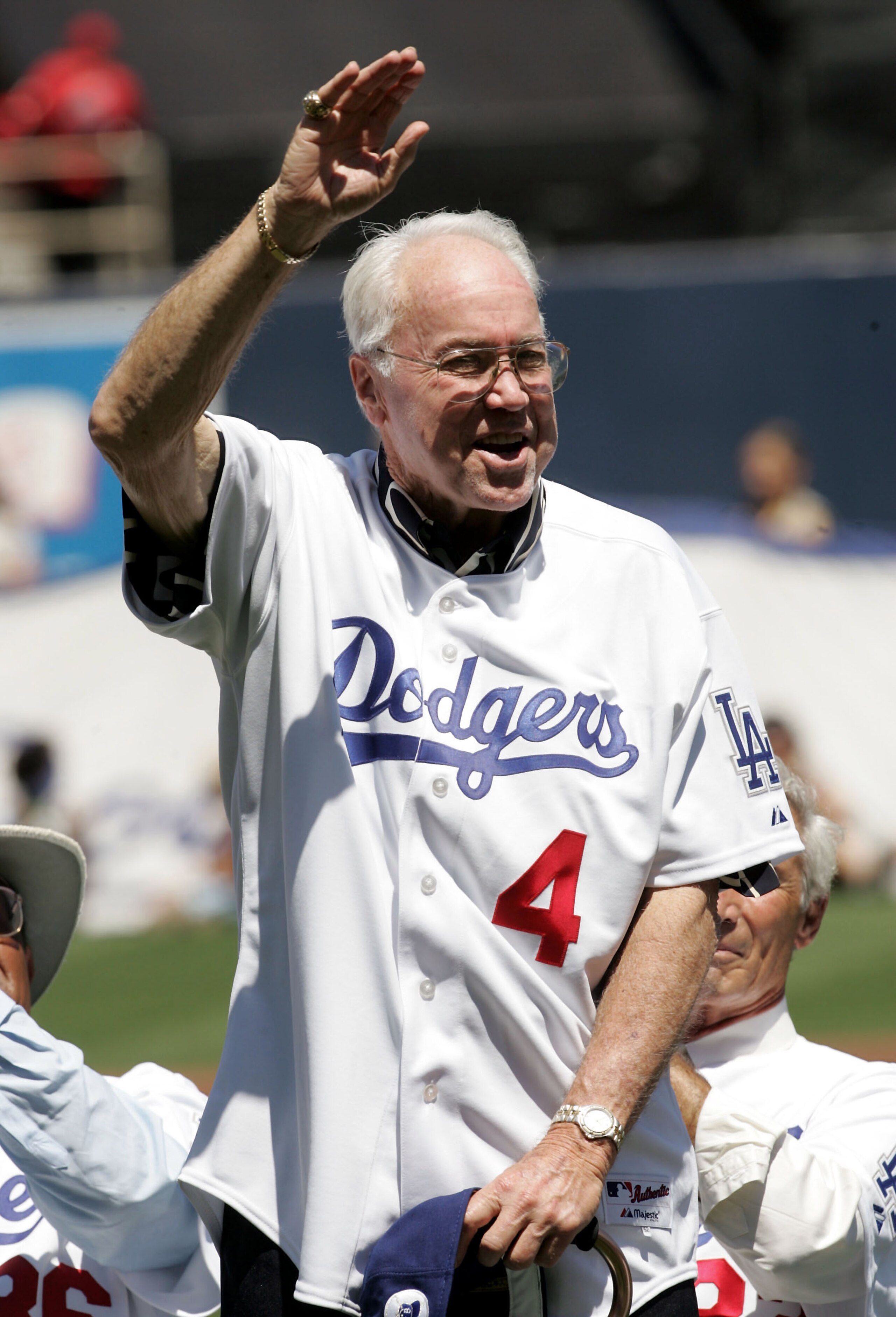 LOS ANGELES - AUGUST 28: Former outfielder Duke Snider of the Los Angeles Dodgers waves to the crowd during ceremonies honoring memebers of the 1955 World Champion Dodgers before the game with the Houston Astros on August 28, 2005 at Dodger Stadium in Los