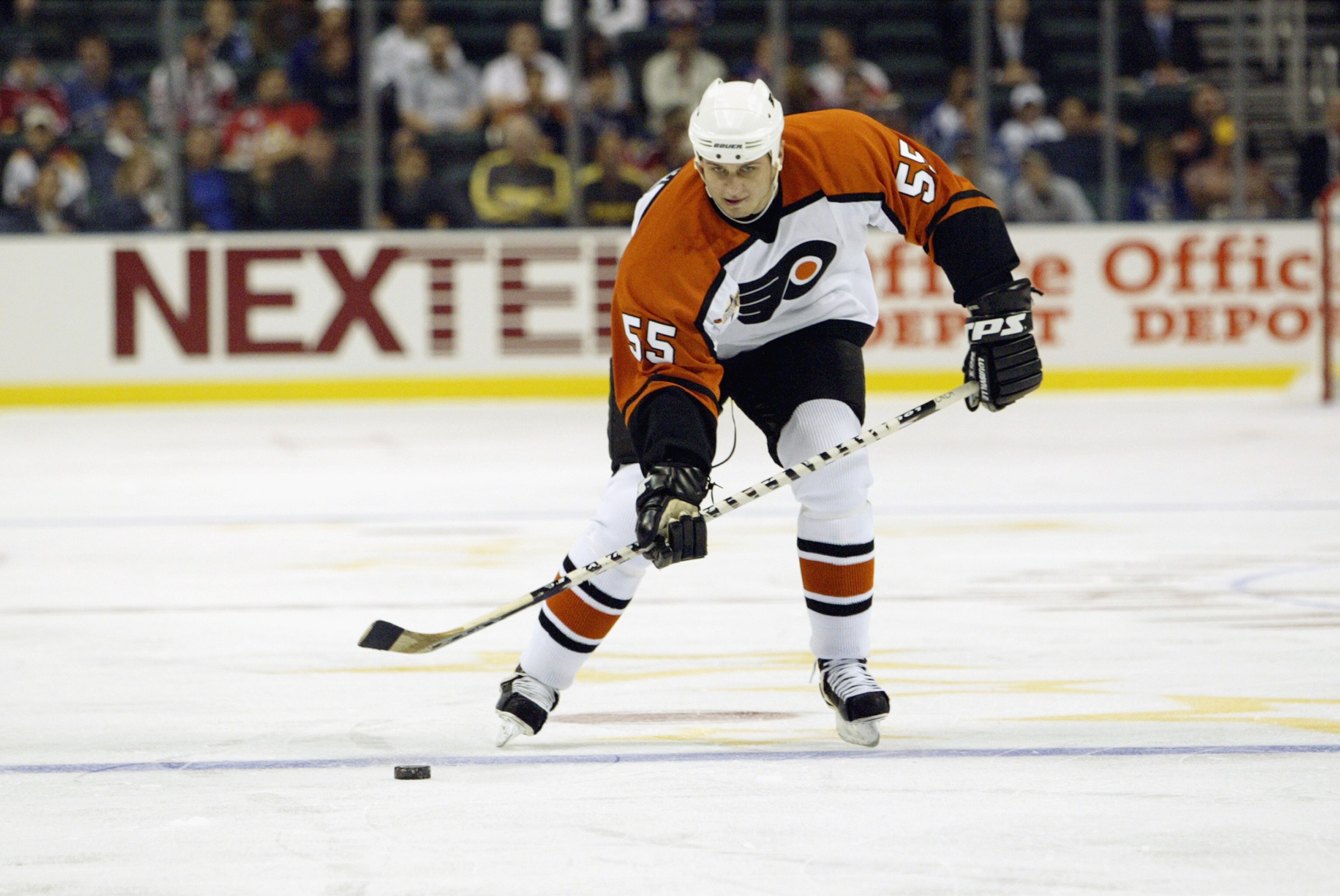 SUNRISE, FL - FEBRUARY 1:  Pavel Brendl #55 of the Philadelphia Flyers shoots the puck during the NHL YoungStars game on February 1, 2003 at the Office Depot Center in Sunrise, Florida.  The East defeated the West 8-3. (Photo by Elsa/Getty Images/NHLI)