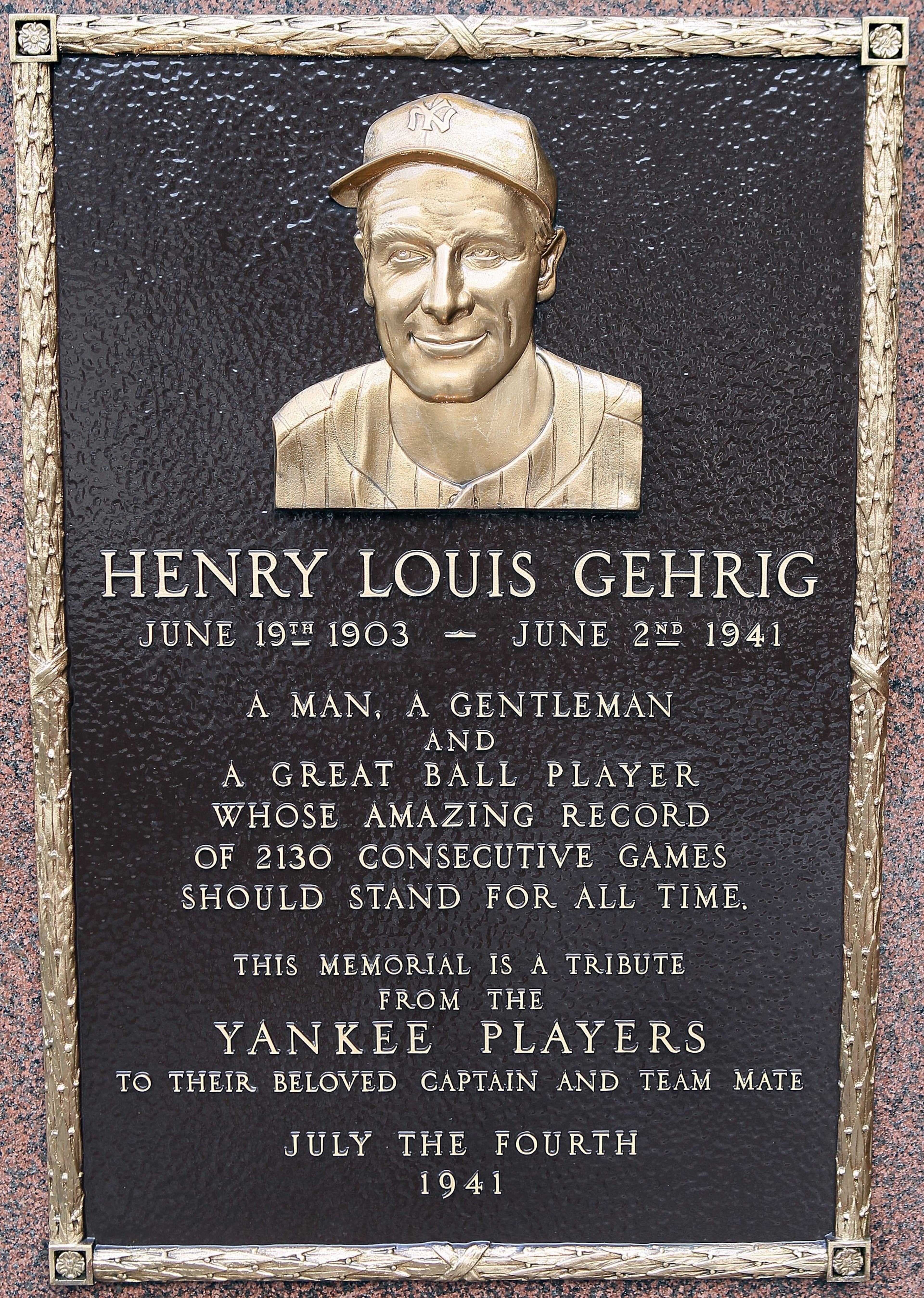 NEW YORK - MAY 02: The plaque of Lou Gehrig is seen in Monument Park at Yankee Stadium prior to game between the New York Yankees and the Chicago White Sox on May 2, 2010 in the Bronx borough of New York City. The Yankees defeated the White Sox 12-3. (P NEW YORK - MAY 02: The plaque of Lou Gehrig is seen in Monument Park at Yankee Stadium prior to game between the New York Yankees and the Chicago White Sox on May 2, 2010 in the Bronx borough of New York City. The Yankees defeated the White Sox 12-3. (P