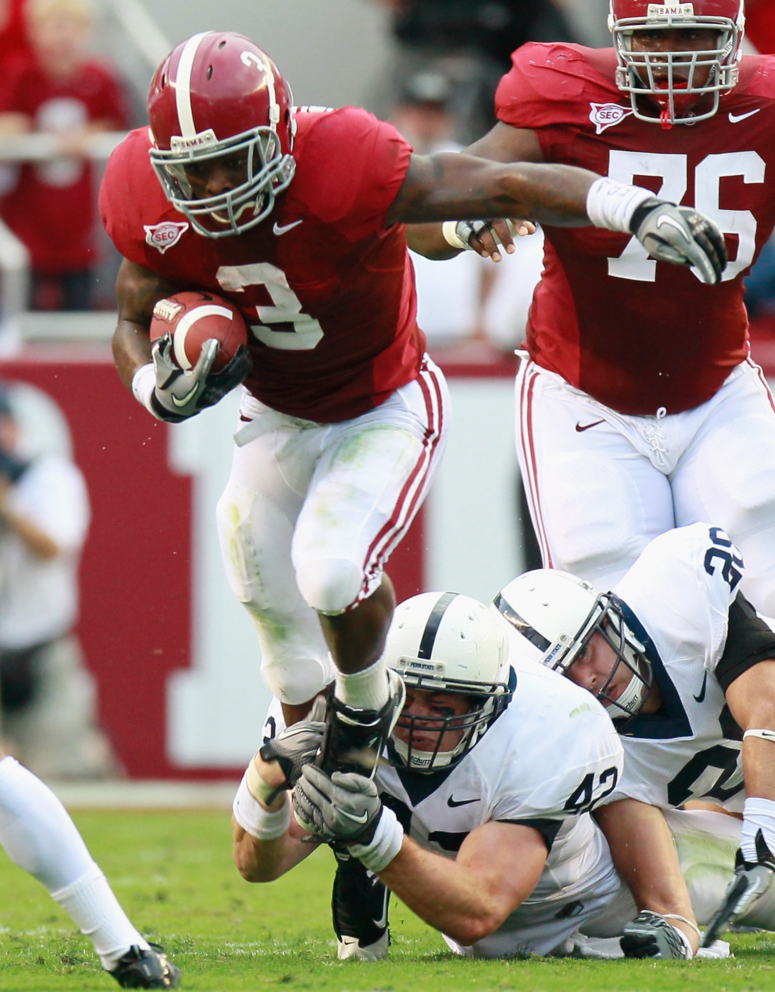 TUSCALOOSA, AL - SEPTEMBER 11: Trent Richardson #3 of the Alabama Crimson Tide is tackled by Michael Mauti #42 of the Penn State Nittany Lions at Bryant-Denny Stadium on September 11, 2010 in Tuscaloosa, Alabama. (Photo by Kevin C. Cox/Getty Images) TUSCALOOSA, AL - SEPTEMBER 11: Trent Richardson #3 of the Alabama Crimson Tide is tackled by Michael Mauti #42 of the Penn State Nittany Lions at Bryant-Denny Stadium on September 11, 2010 in Tuscaloosa, Alabama. (Photo by Kevin C. Cox/Getty Images)