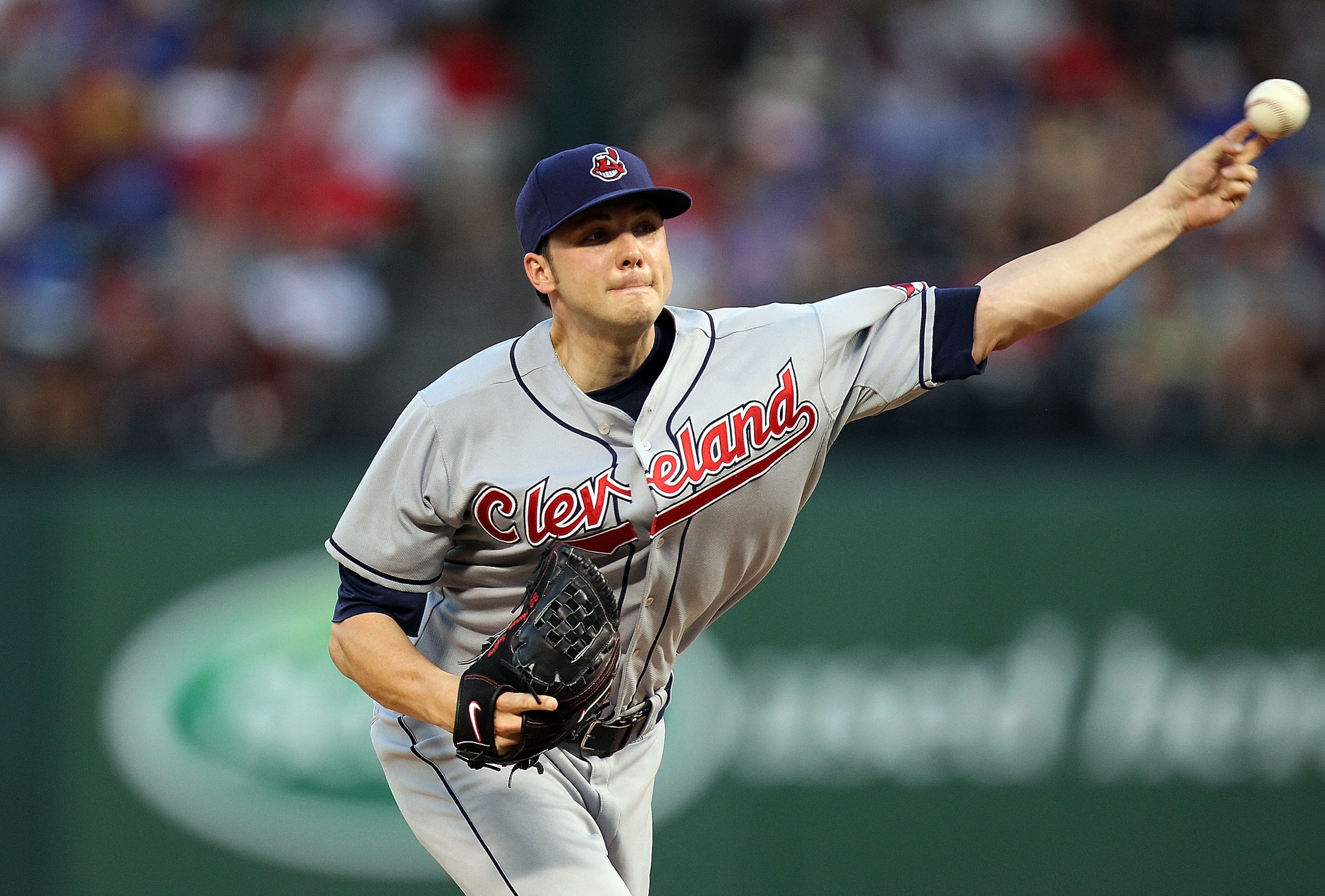 ARLINGTON, TX - JULY 05:  Pitcher Aaron Laffey #32 of the Cleveland Indians throws against the Texas Rangers on July 5, 2010 at Rangers Ballpark in Arlington, Texas.  (Photo by Ronald Martinez/Getty Images)